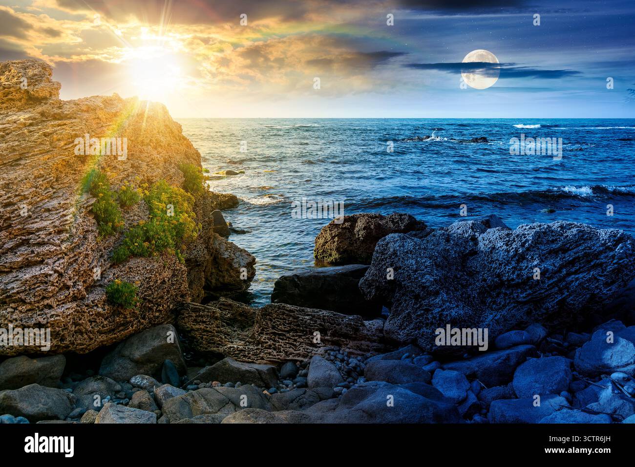 weekend on a rocky beach at the sea. day and night time change concept. beautiful coastline on summer solstice. seascape scenery with clouds above hor Stock Photo
