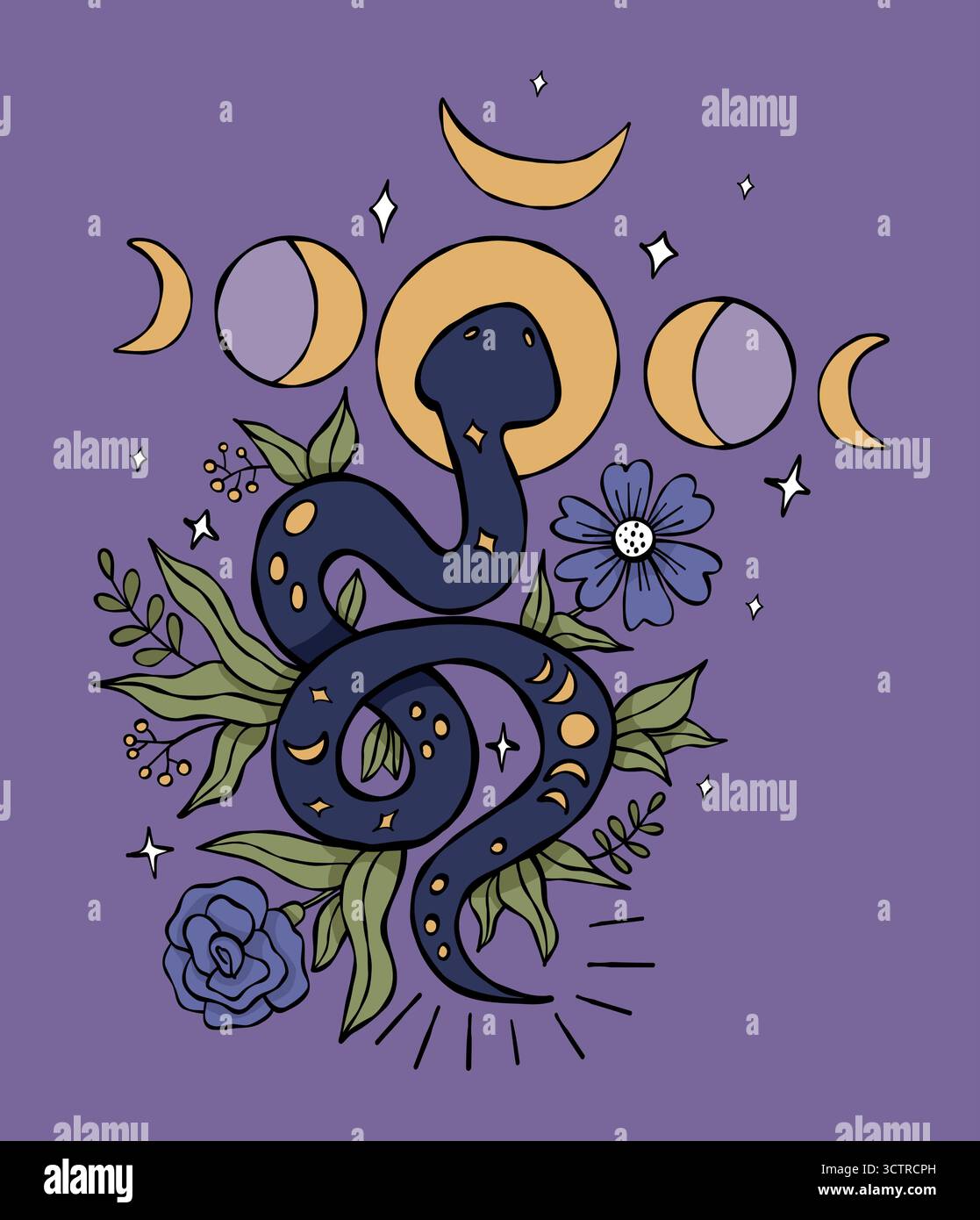 Mystical Snake with Moon Phase and Flowers Plants. Color Textured Hand ...