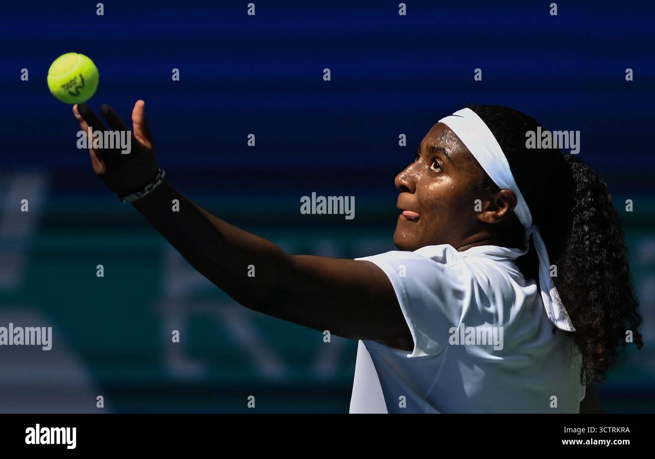 Wuhan, China's Hubei Province. 8th Oct, 2025. Hailey Baptiste of the United States serves during the women's singles round of 32 match against Jessica Pegula of the United States at the 2025 Wuhan Open tennis tournament in Wuhan, central China's Hubei Province, Oct. 8, 2025. Credit: Cheng Min/Xinhua/Alamy Live News Stock Photo