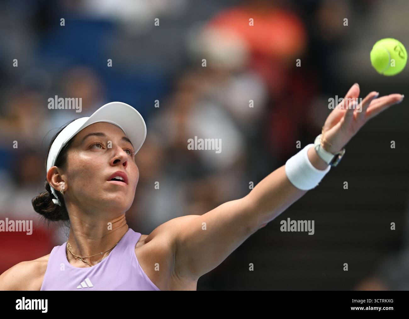 Wuhan, China's Hubei Province. 8th Oct, 2025. Jessica Pegula of the United States serves during the women's singles round of 32 match against Hailey Baptiste of the United States at the 2025 Wuhan Open tennis tournament in Wuhan, central China's Hubei Province, Oct. 8, 2025. Credit: Cheng Min/Xinhua/Alamy Live News Stock Photo