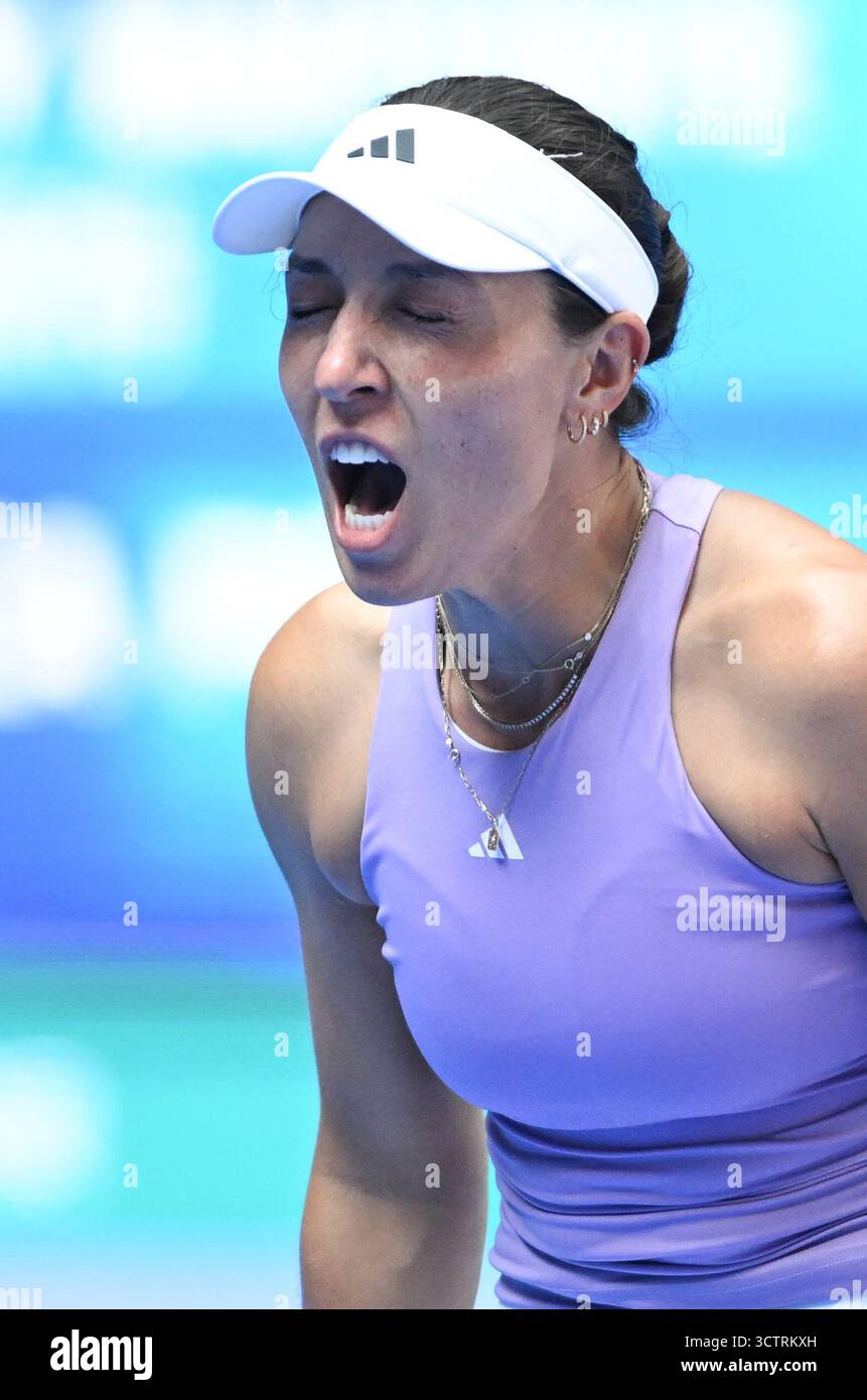 Wuhan, China's Hubei Province. 8th Oct, 2025. Jessica Pegula of the United States celebrates after winning the women's singles round of 32 match against Hailey Baptiste of the United States at the 2025 Wuhan Open tennis tournament in Wuhan, central China's Hubei Province, Oct. 8, 2025. Credit: Cheng Min/Xinhua/Alamy Live News Stock Photo
