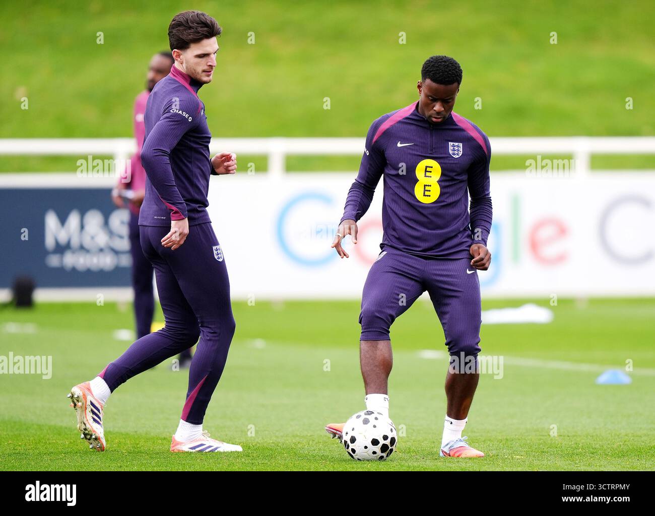 England's Marc Guehi (right) and Declan Rice during a training session ...