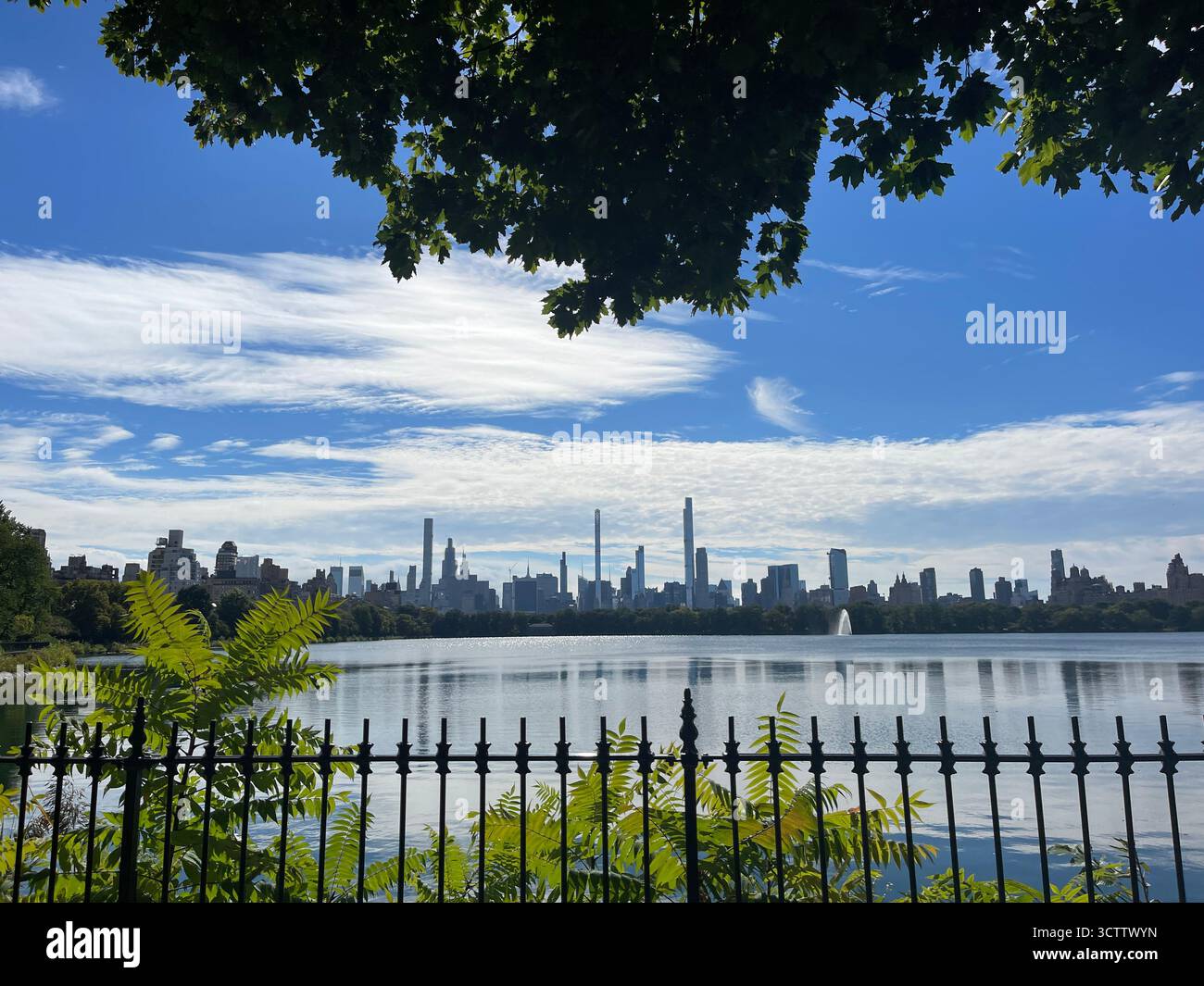 The Jacqueline Kennedy Onassis Reservoir in Central Park, New York City, on a peaceful summer day — framed by trees and iron fence - Smartphone Captured Stock Image