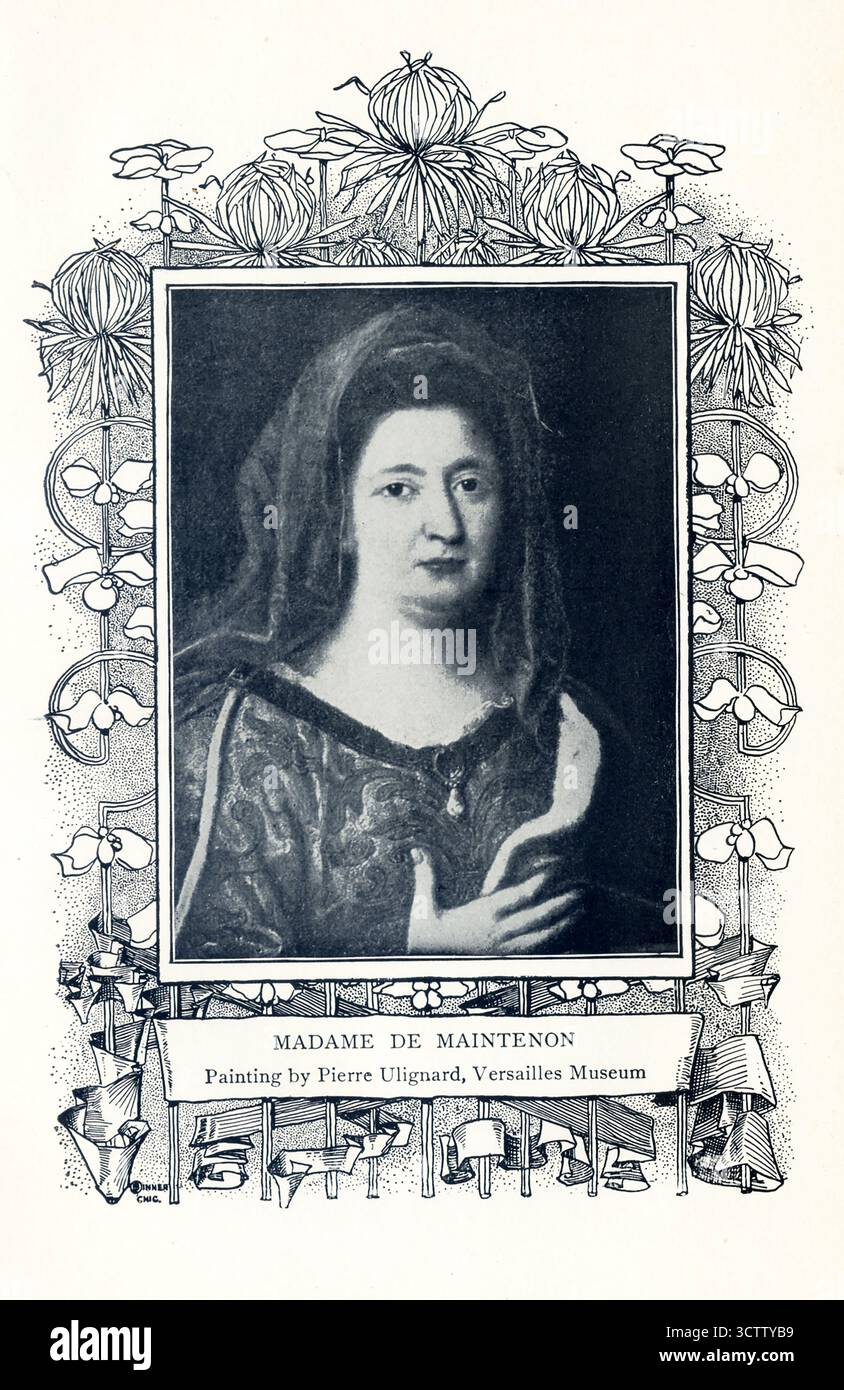 This 1899 image shows Madame de Maintenon, based on a painting by Pierre Ulignard that is in the Versailles Museum.  Françoise d'Aubigné, known first as Madame Scarron and subsequently as Madame de Maintenon, was a French noblewoman and the second wife of Louis XIV of France from 1683 until his death in 1715. Stock Photo