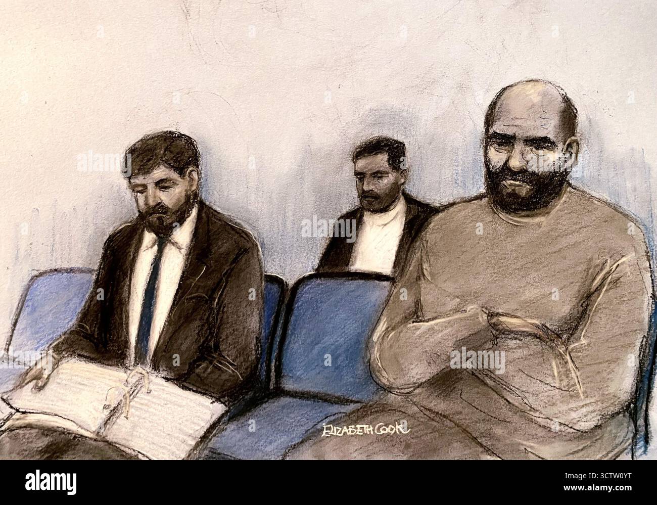 Court artist drawing by Elizabeth Cook of (left to right) Walid Saadaoui, Bilel Saadaoui and Amar Hussein appearing at Preston Crown Court, Lancashire, where Walid and Amar are charged with preparing acts of terrorism between December 13 2023 and May 9 2024. Their alleged main targets were the Jewish community in the North West of England, members of law enforcement and military. Bilel is charged with failing to disclose information about acts of terrorism. Picture date: Wednesday October 8, 2025. Stock Photo