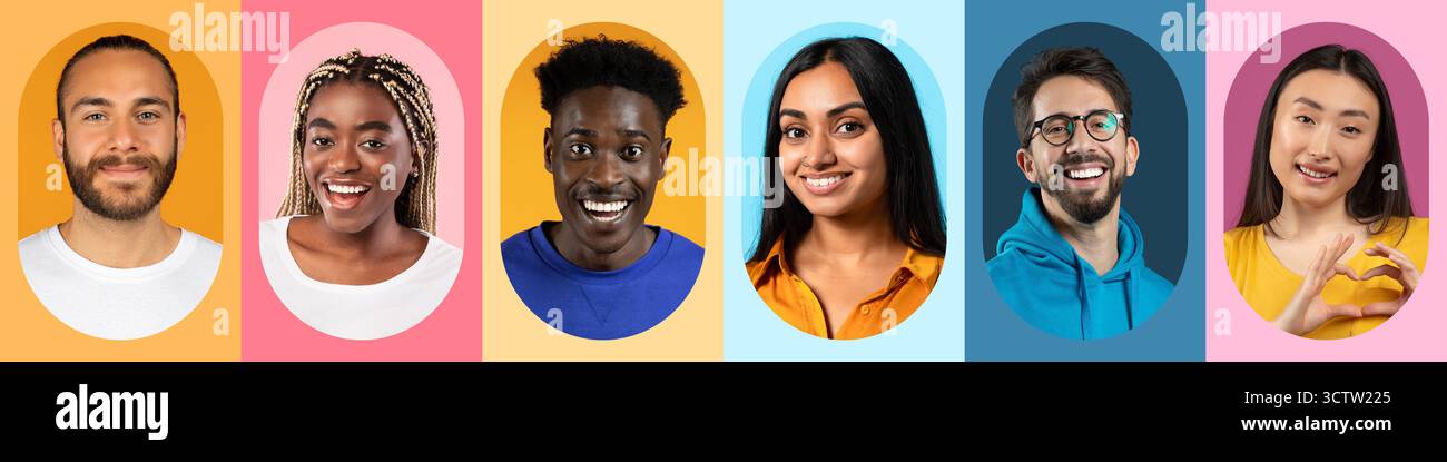 Diverse Group of Smiling Individuals Against Colorful Backgrounds in a Collage Setting Stock Photo
