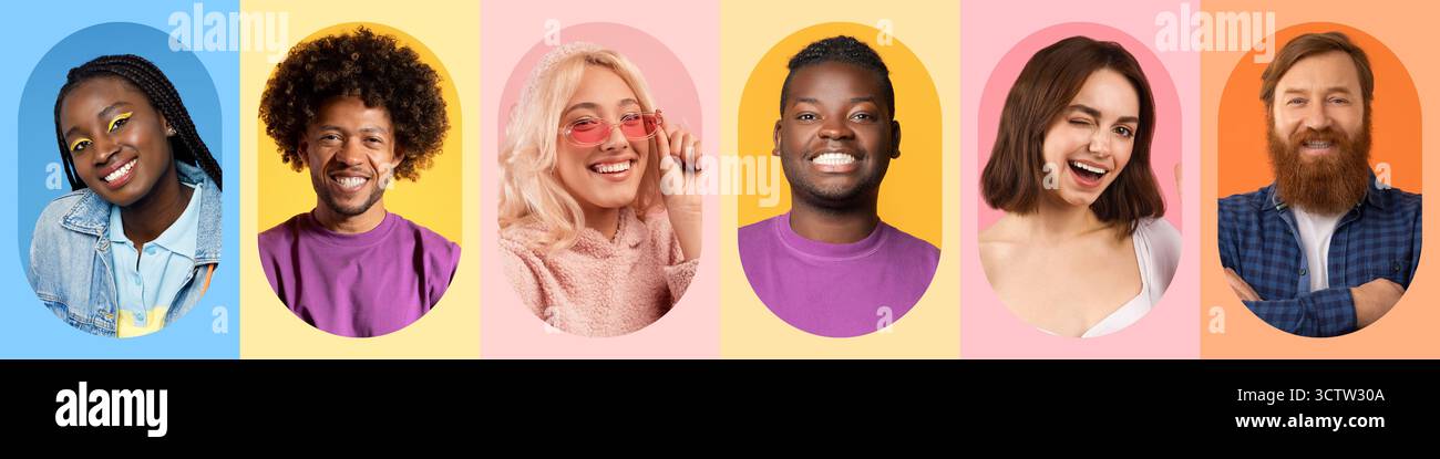 Diverse Group Smiling Joyfully in a Colorful Collage Set Featuring Vibrant Backgrounds Stock Photo