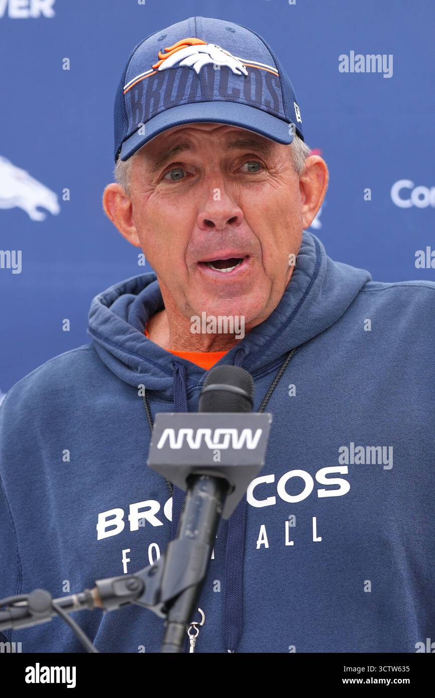 Denver Broncos head coach Sean Payton speaks during an NFL football ...