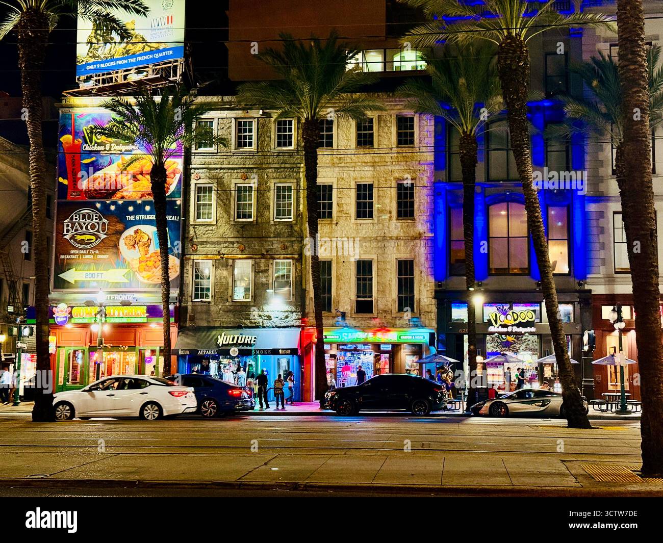 Colorful night street with neon lights and palm trees in downtown New Orleans - Smartphone Captured Stock Image
