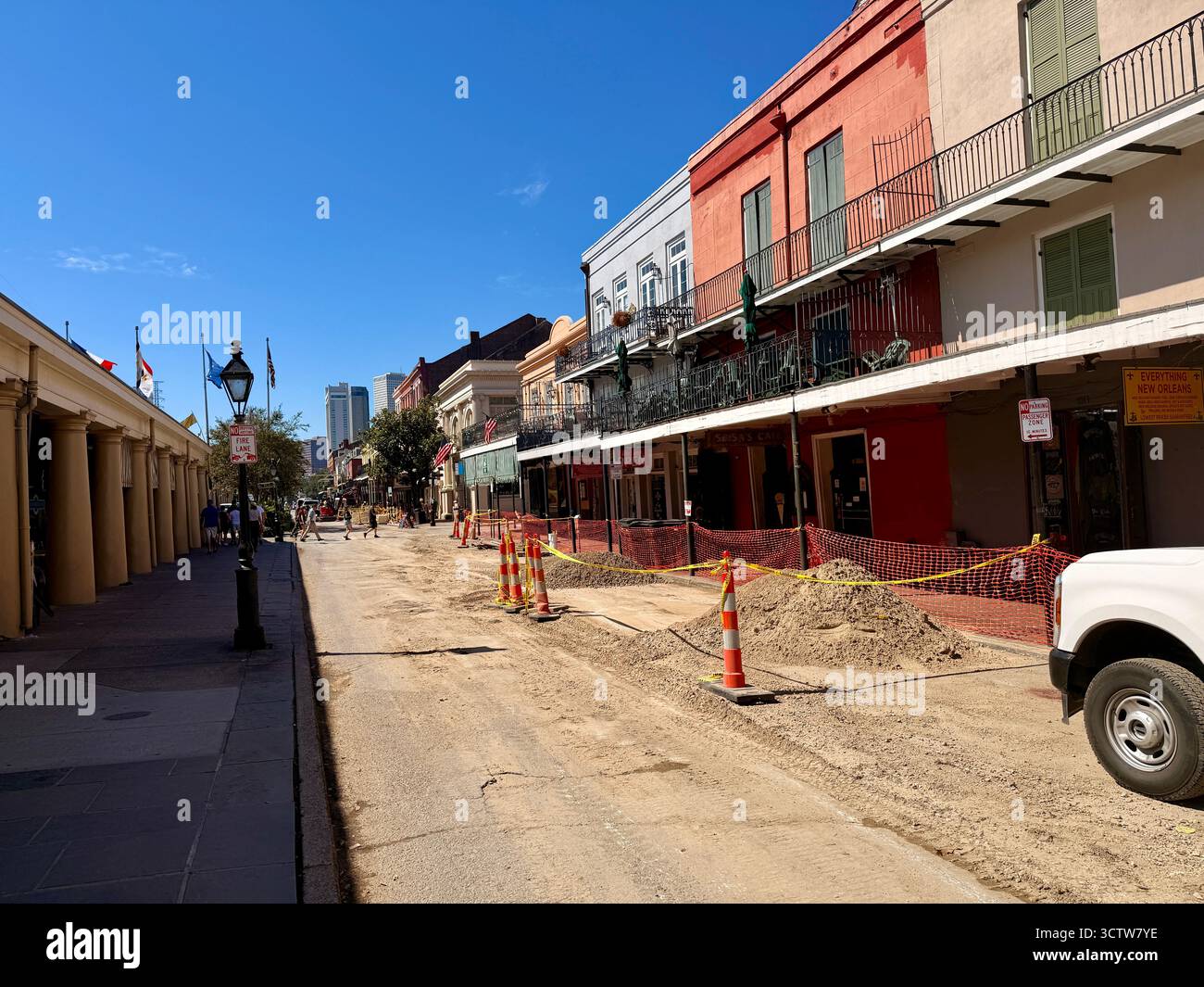Colorful buildings and street construction in the French Quarter, New Orleans - Smartphone Captured Stock Image