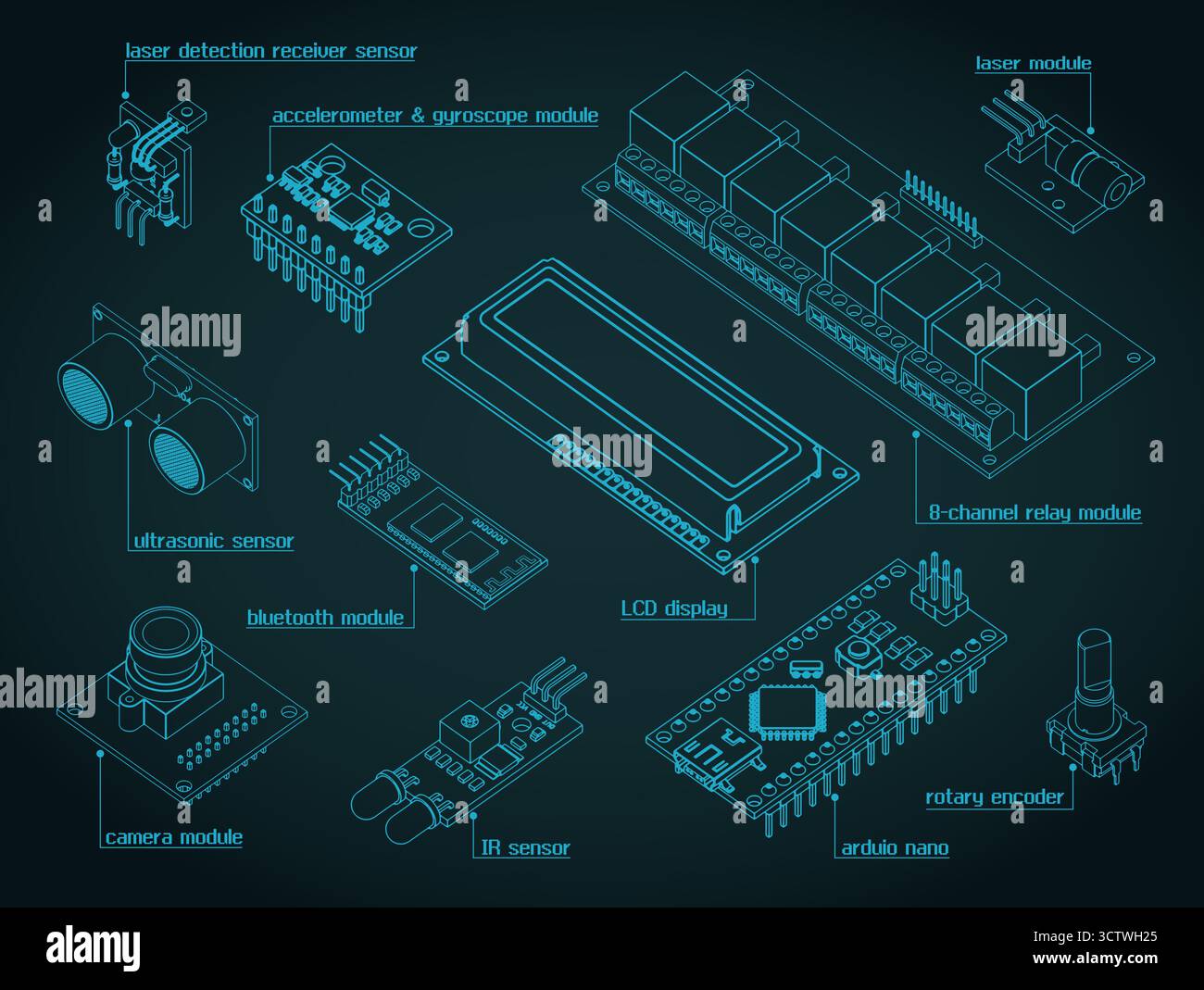 Arduino sensors Set drawings stylized vector illustration Stock Vector