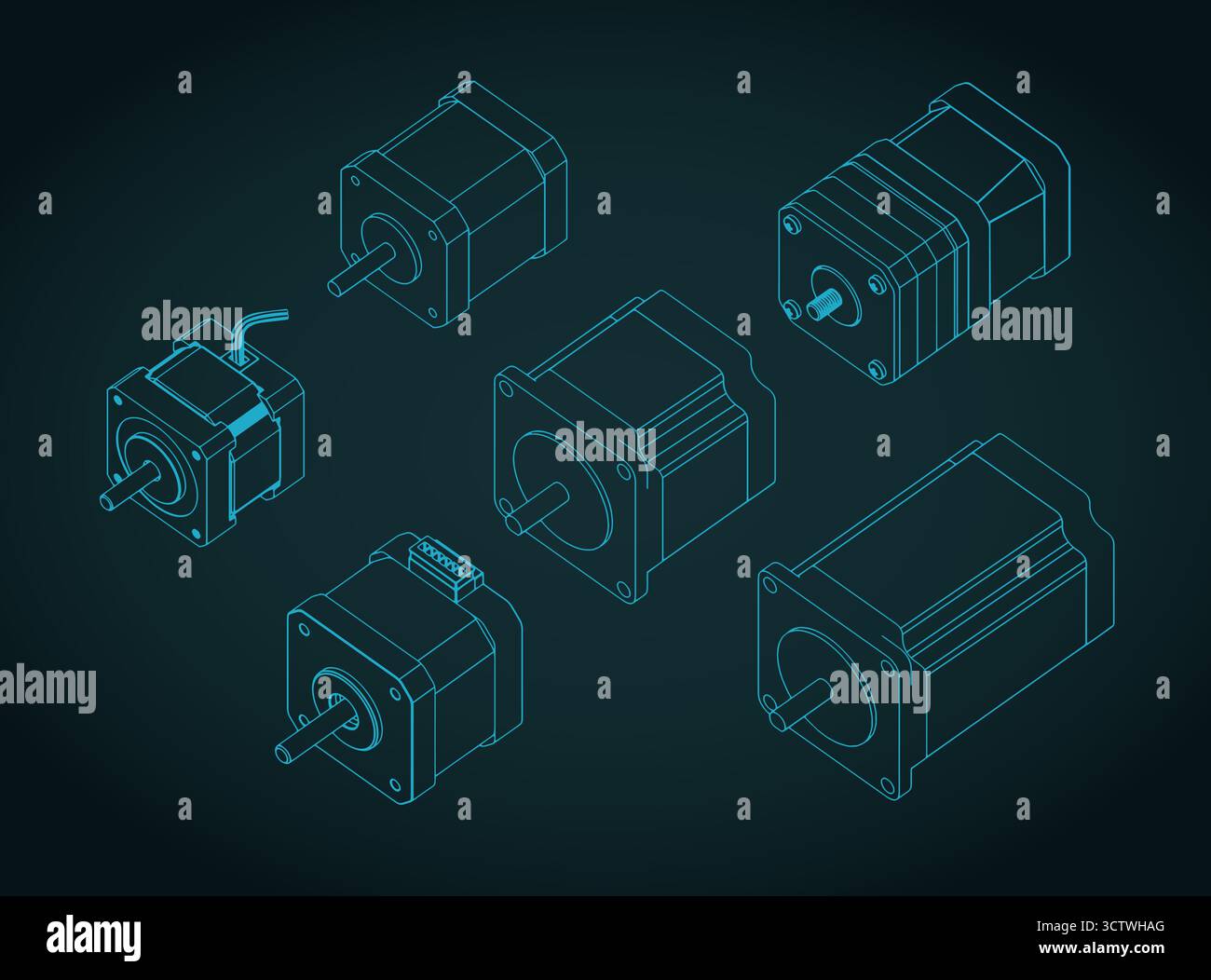 Stepper motors set isometric drawings stylized vector illustration ...