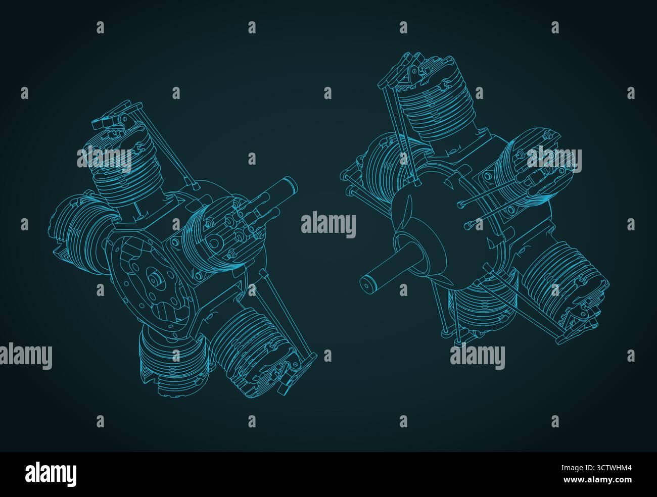 Radial engine isometric drawings stylized vector illustration Stock ...