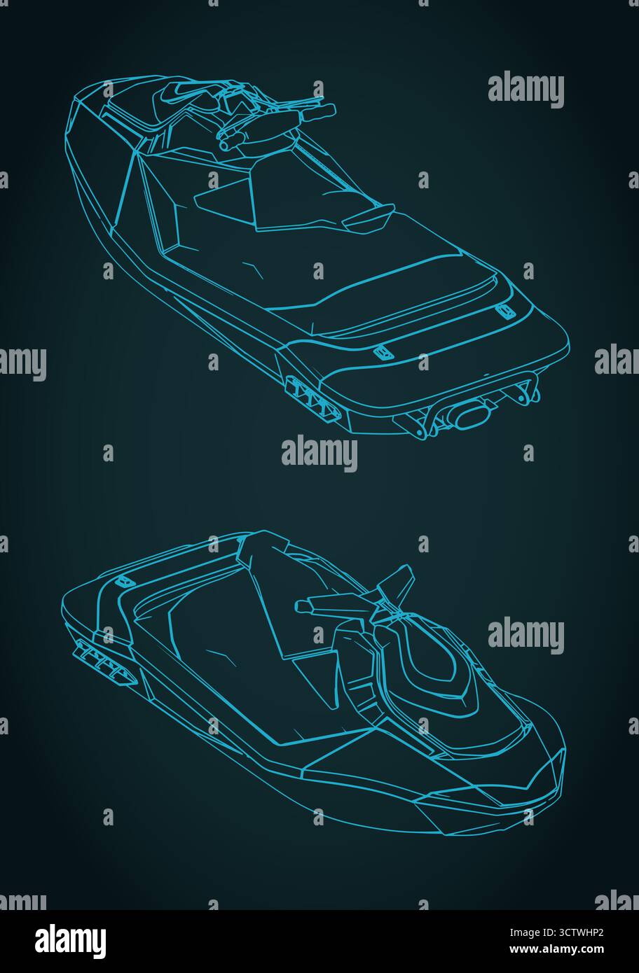 Jet ski isometric drawings stylized vector illustration Stock Vector