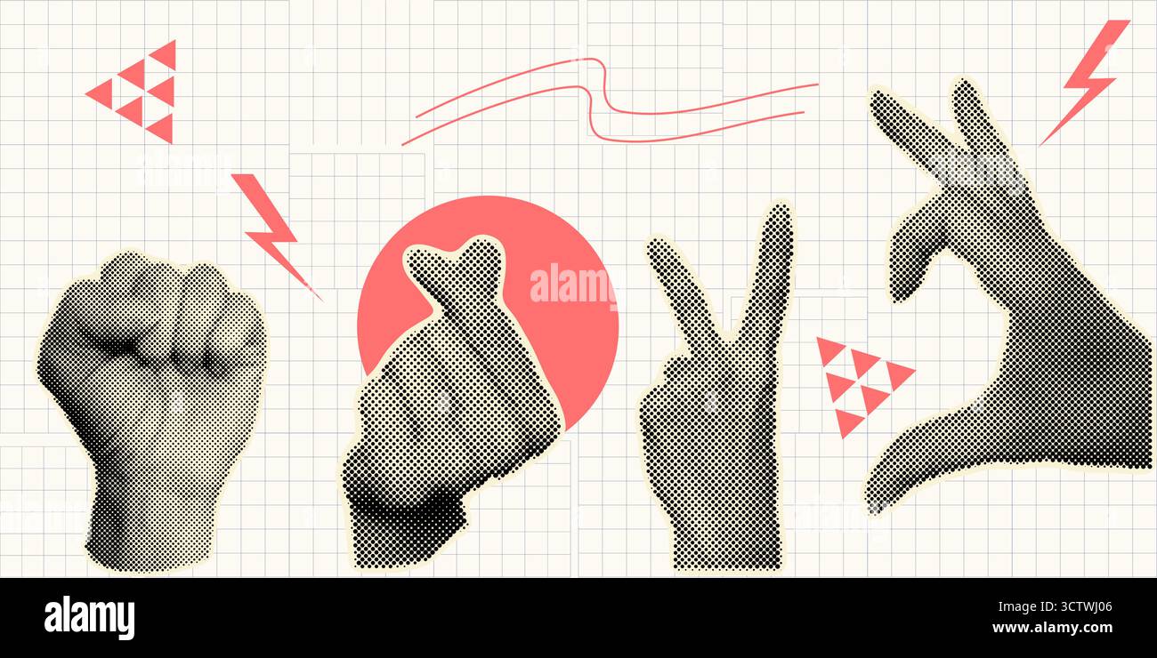 Halftone vector art with human hands. Retro dotted texture illustration ...