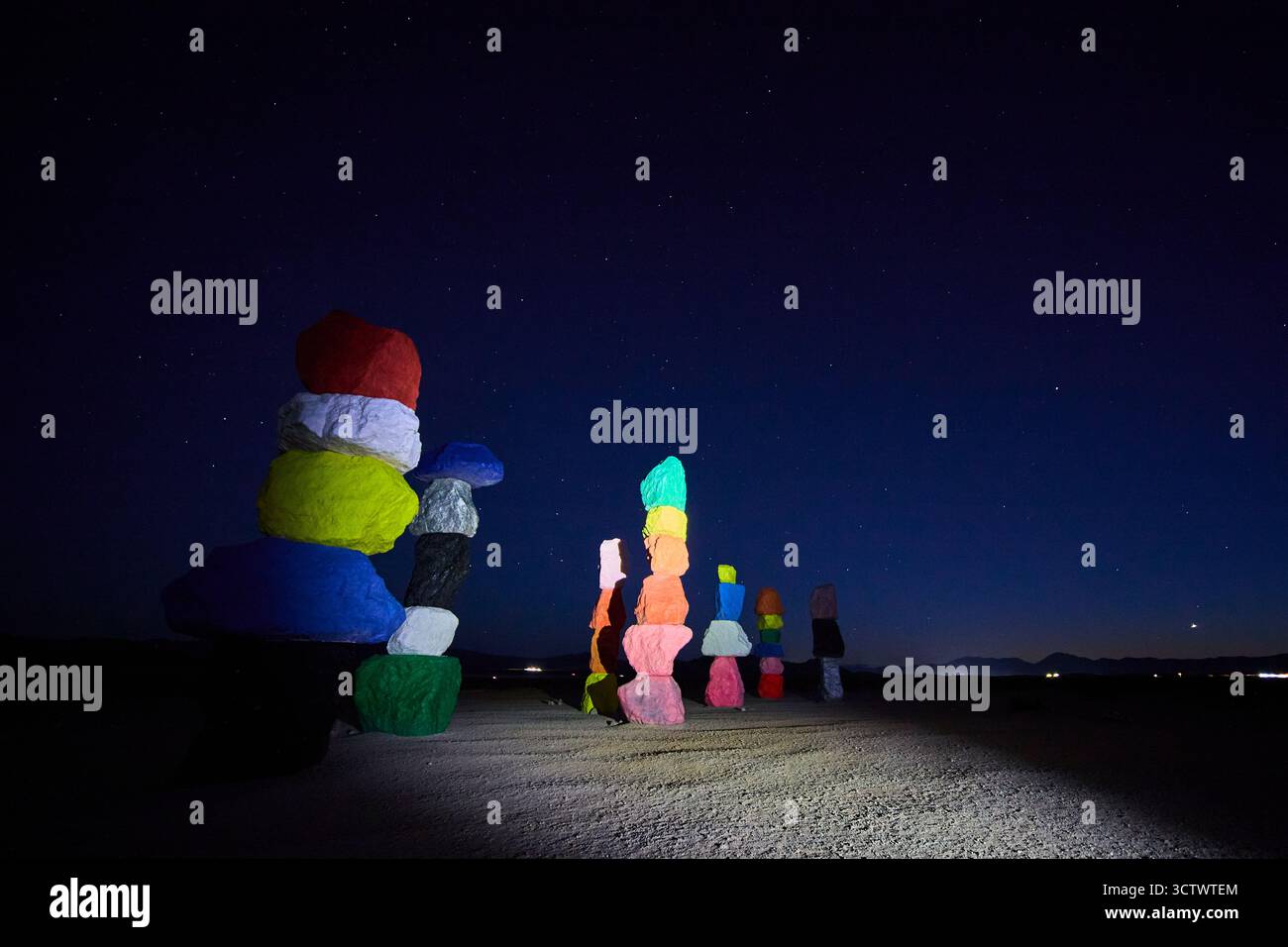 Seven Magic Mountains Colorful Rock Stacks Night Stars Nevada Desert Art Installation Stock Photo