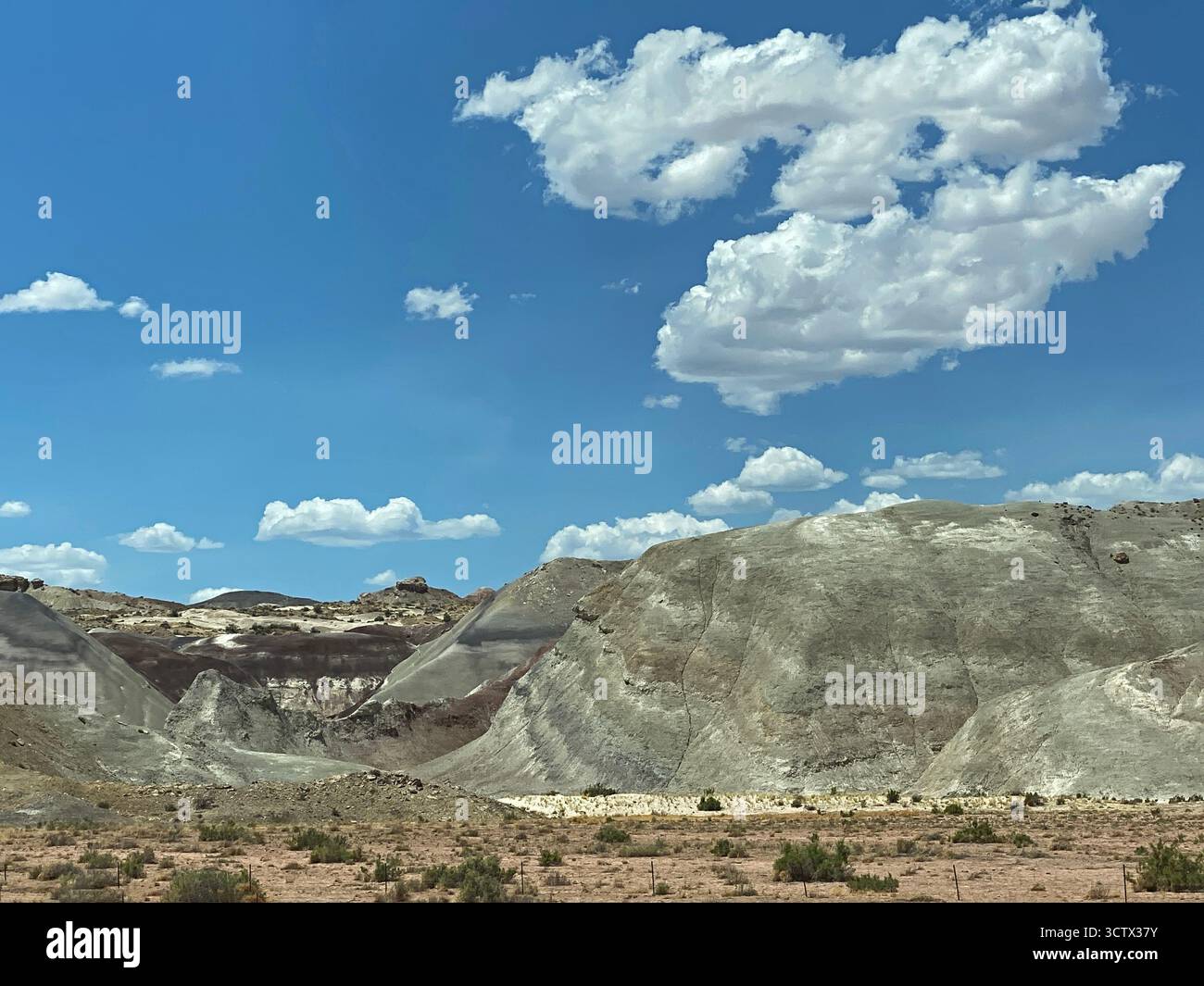 A lunar looking landscape of gray and tan sands and hills, with scrub brush along the plateau floor in Utah, USA - Smartphone Captured Stock Image