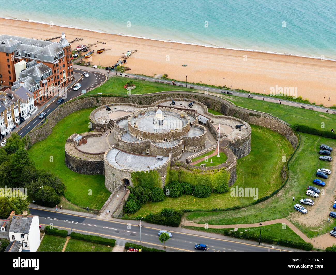 Aerial drone view of historic Deal Castle, a Tudor artillery fort on the coast of Kent, UK Stock Photo