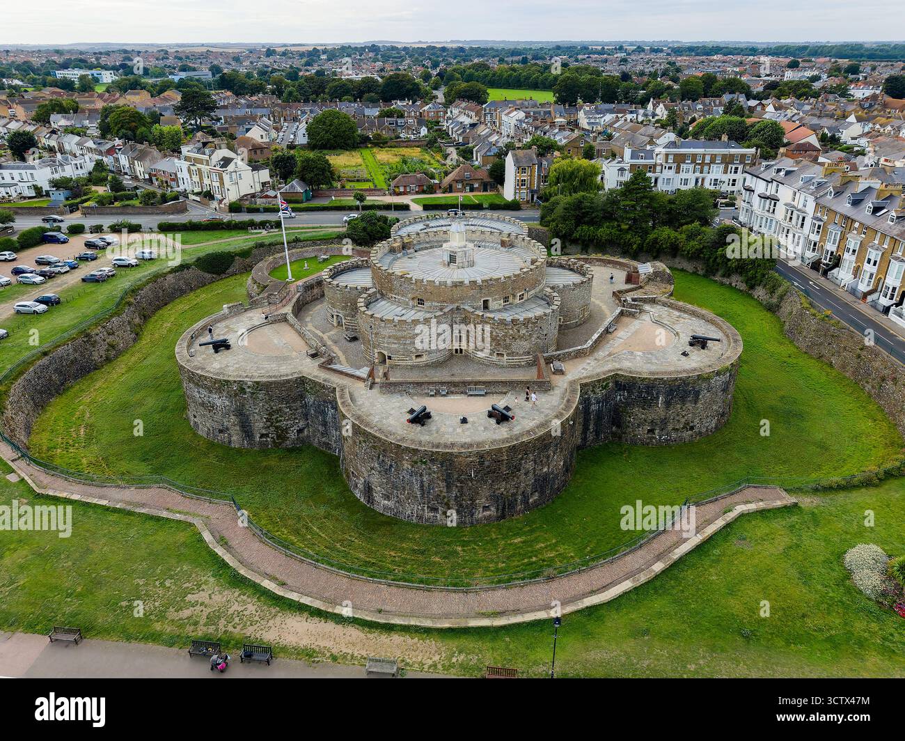 High angle view showing the unique cloverleaf design of Deal Castle and its moat Stock Photo