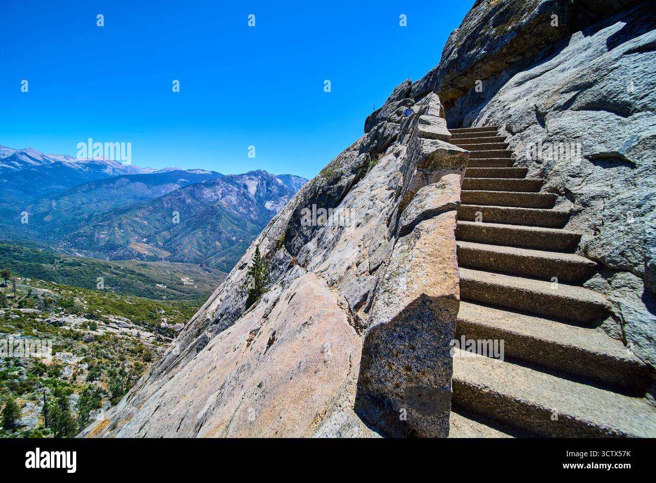 Moro Rock Trail Staircase Granite Cliffs and Mountain View in Sequoia National Park Stock Photo