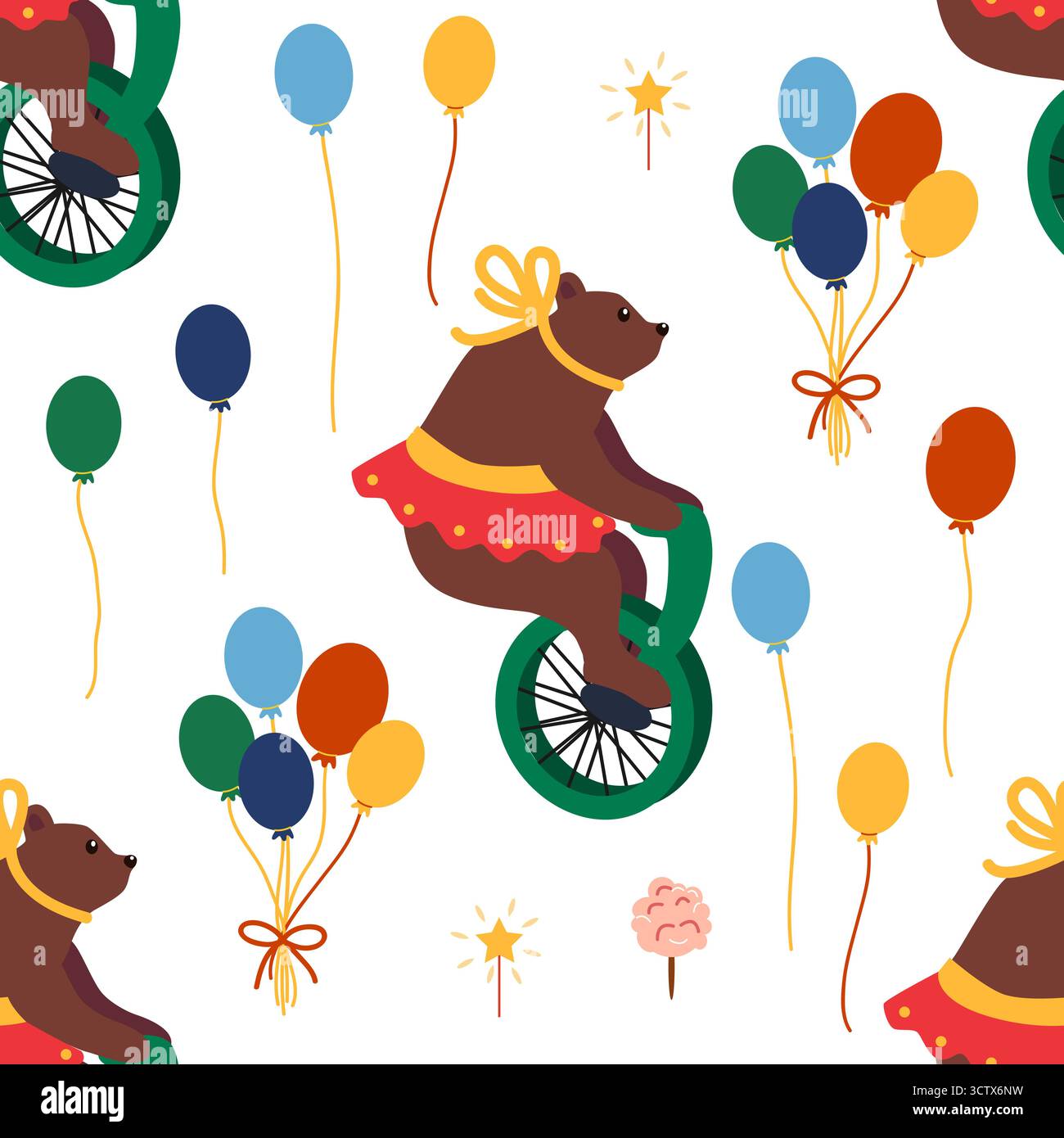 A seamless pattern with a CIRCUS theme. A circus bear character on a bicycle. Flat cartoon style Stock Vector