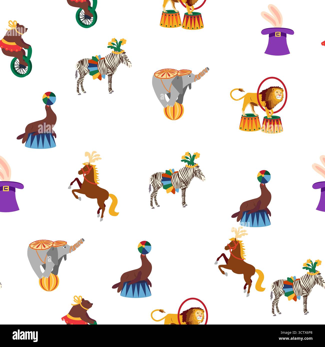 Seamless pattern with CIRCUS theme. lions, magic hat, hare in hat ...