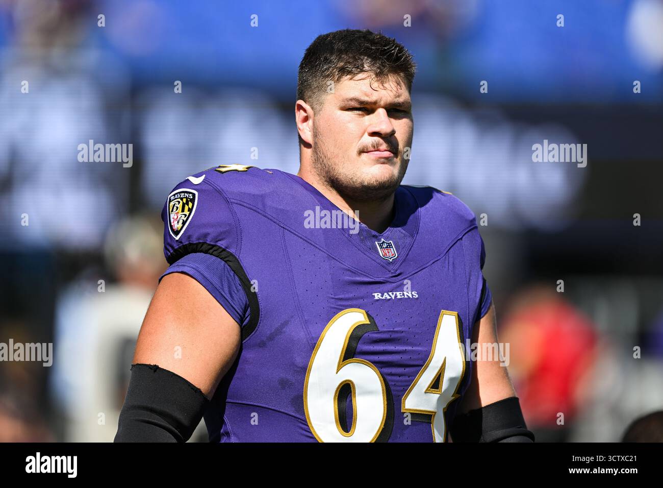 Baltimore Ravens center Tyler Linderbaum (64) looks on during pre-game ...