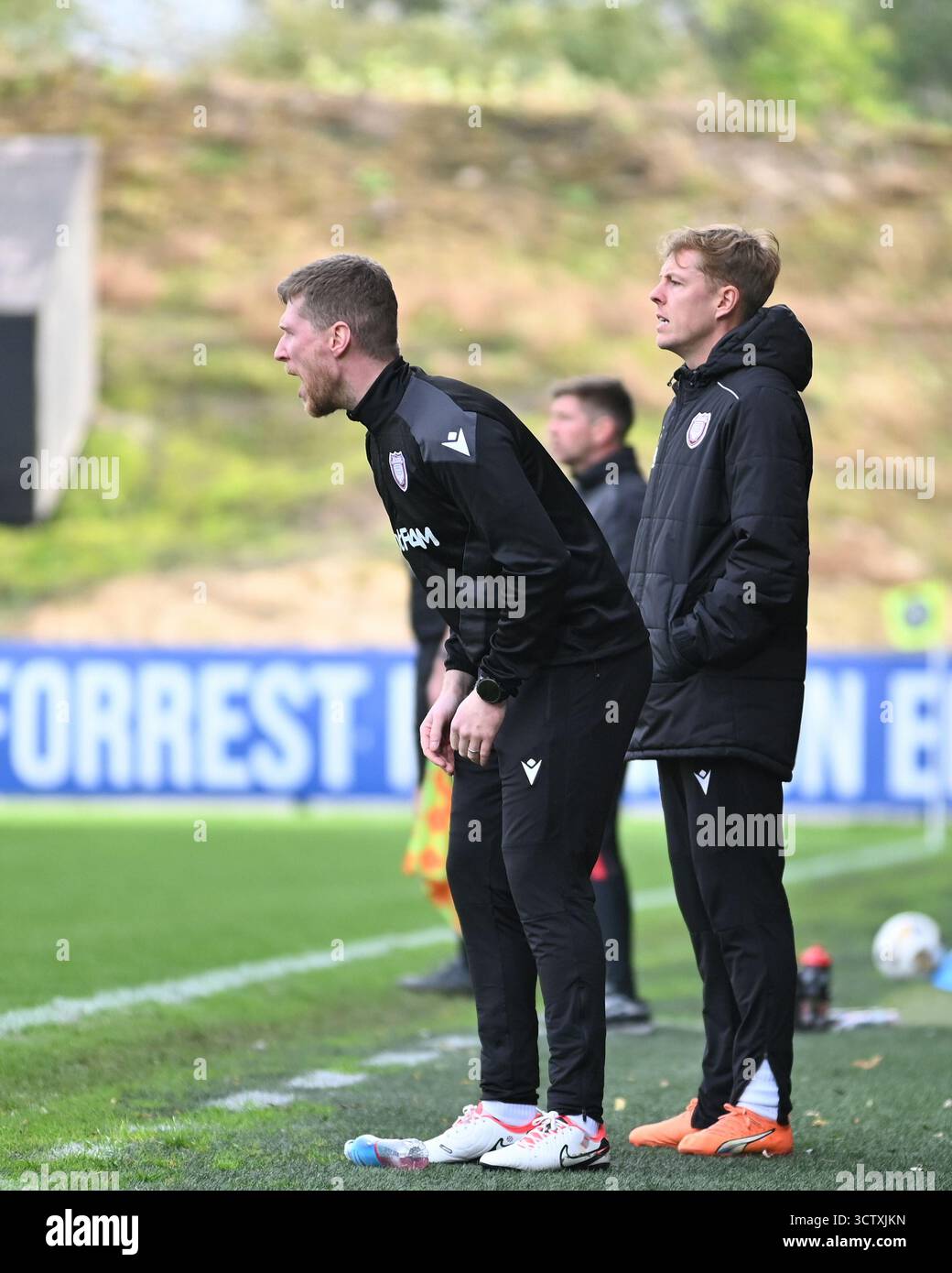 Arbroath FC co-Managers Colin Hamilton and David Gold, pictured on the touchline at Partick Thistle. Stock Photo