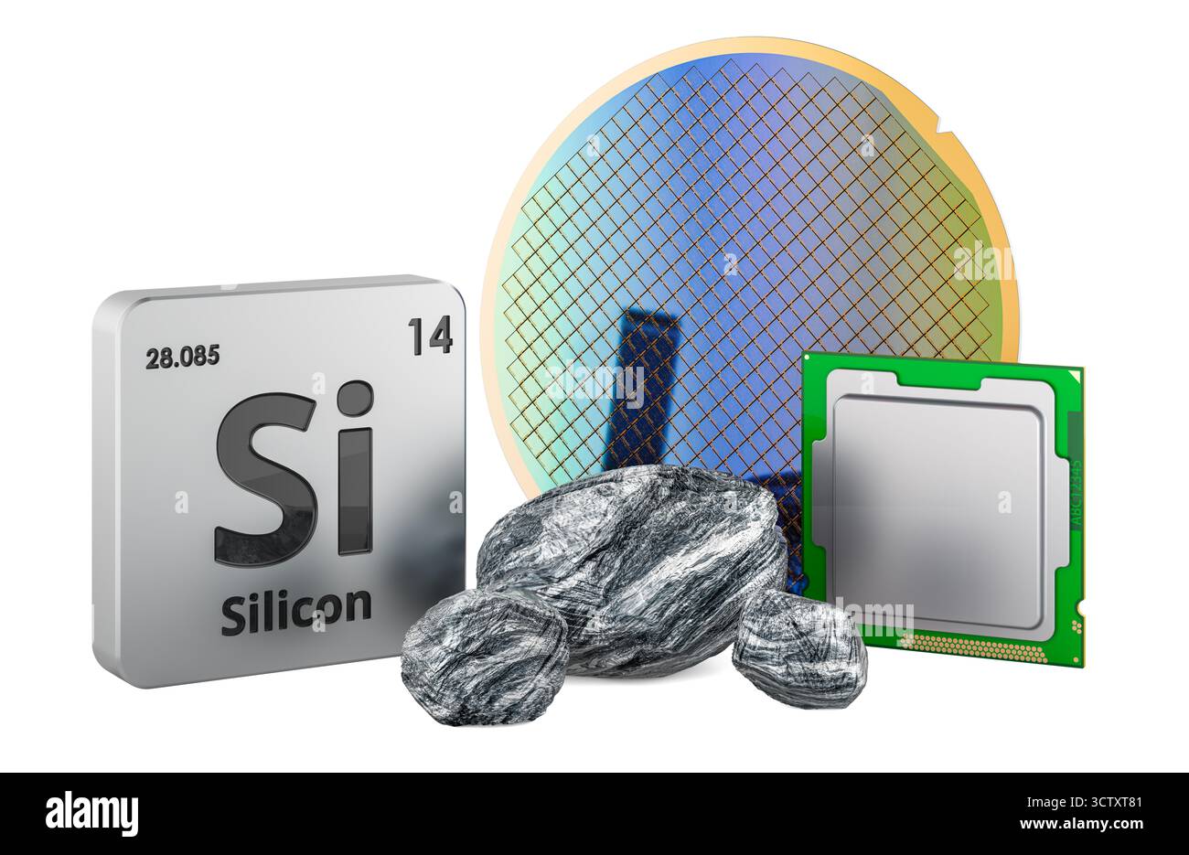 Periodic table silicon element symbol, raw silicon stones, blue silicon ...