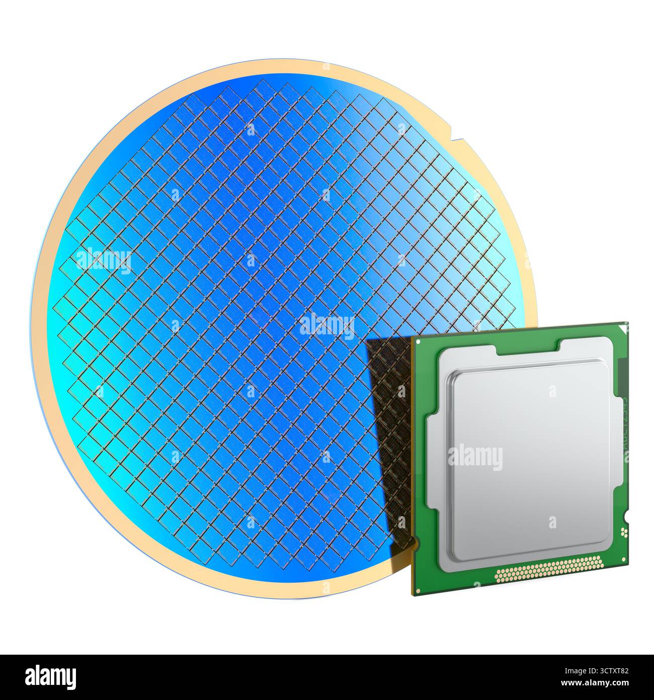 Silicon wafer and computer processor. 3D rendering isolated on white ...