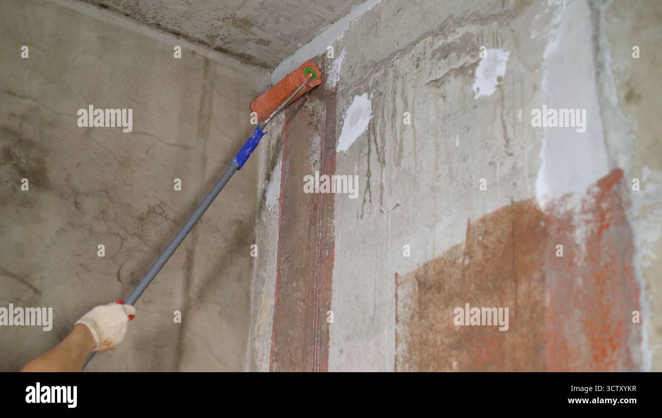 Hand applying primer using paint roller on wall Stock Photo