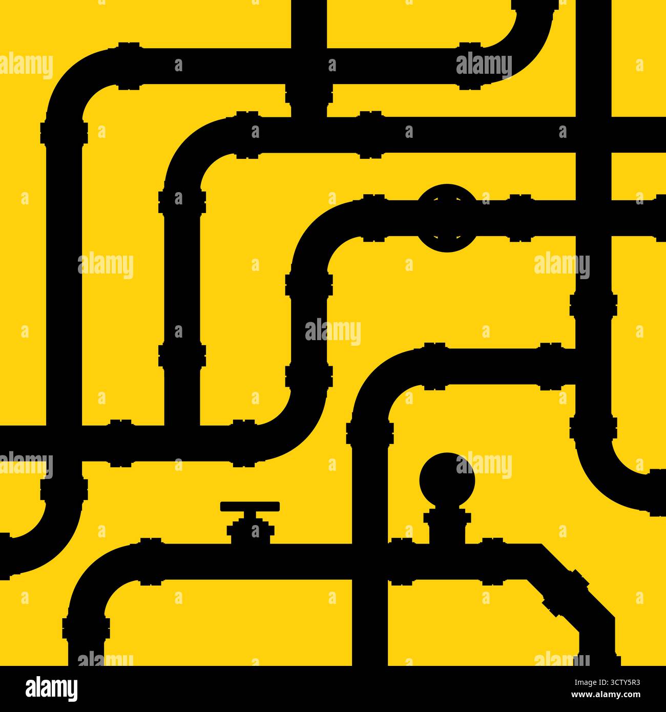 Black industrial piping network on yellow background Stock Vector