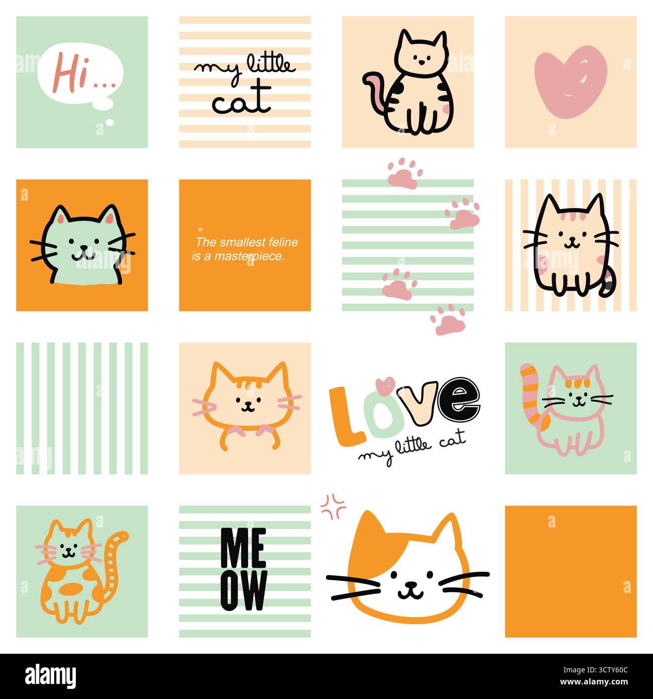 Cute Hand Drawn Cat Doodle Illustration and pattern Stock Vector