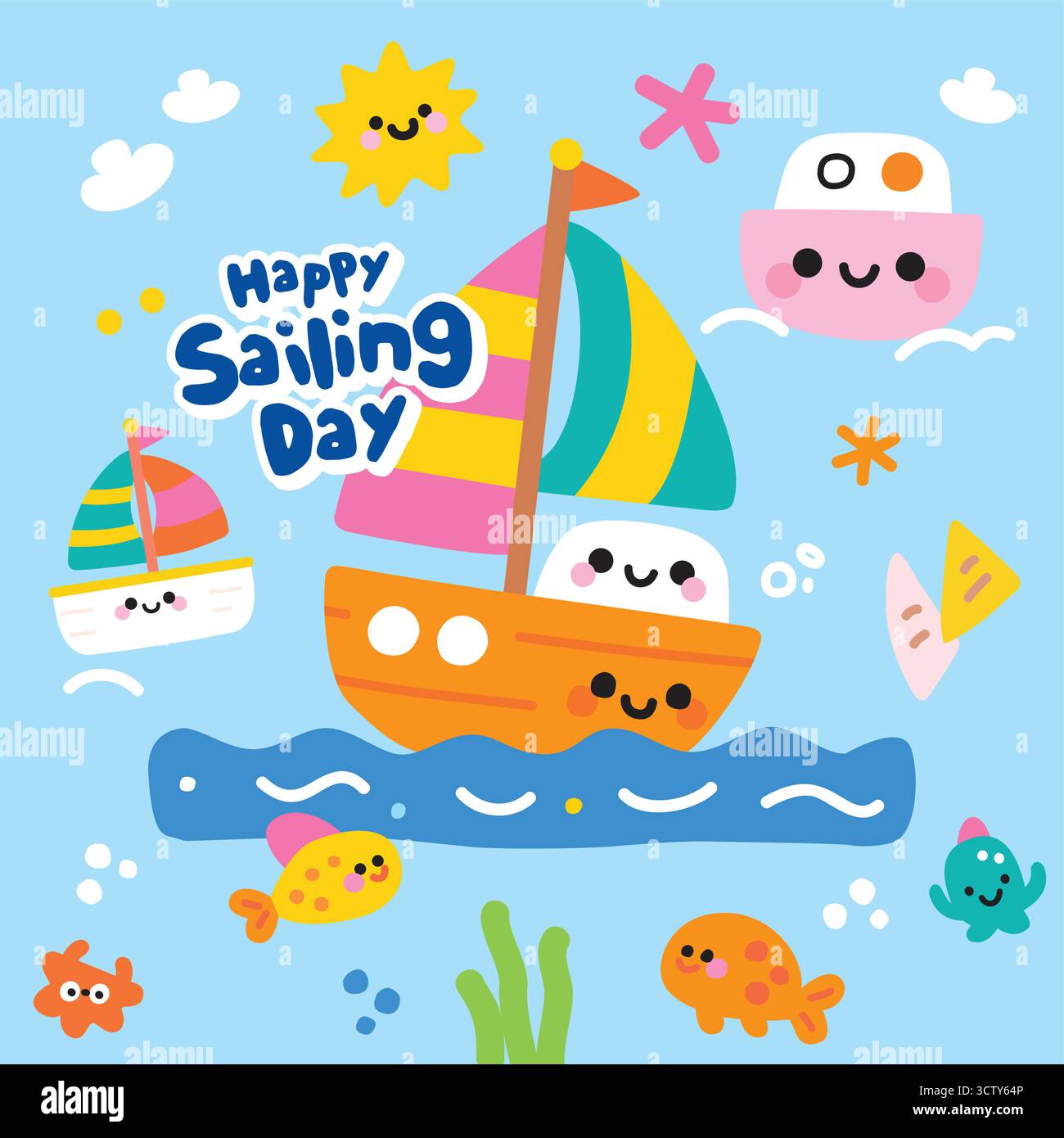 Cute Boats and Sea Creatures Stock Vector