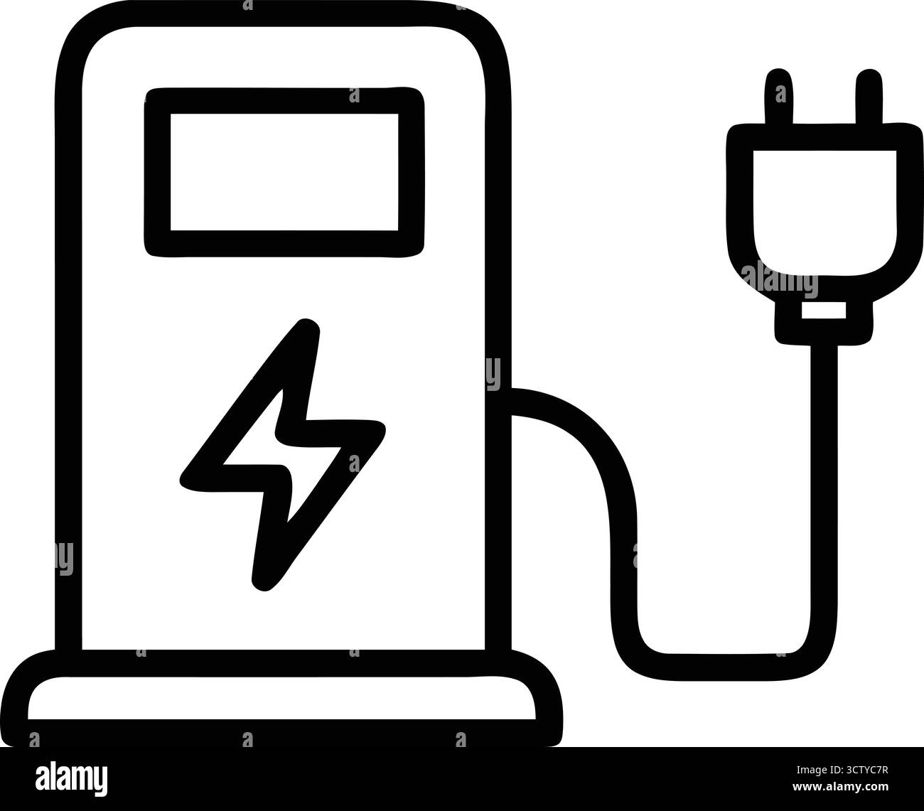 A simple, clean line art icon representing an electric vehicle charging station, complete with a plug and cable, symbolizing sustainable Stock Vector