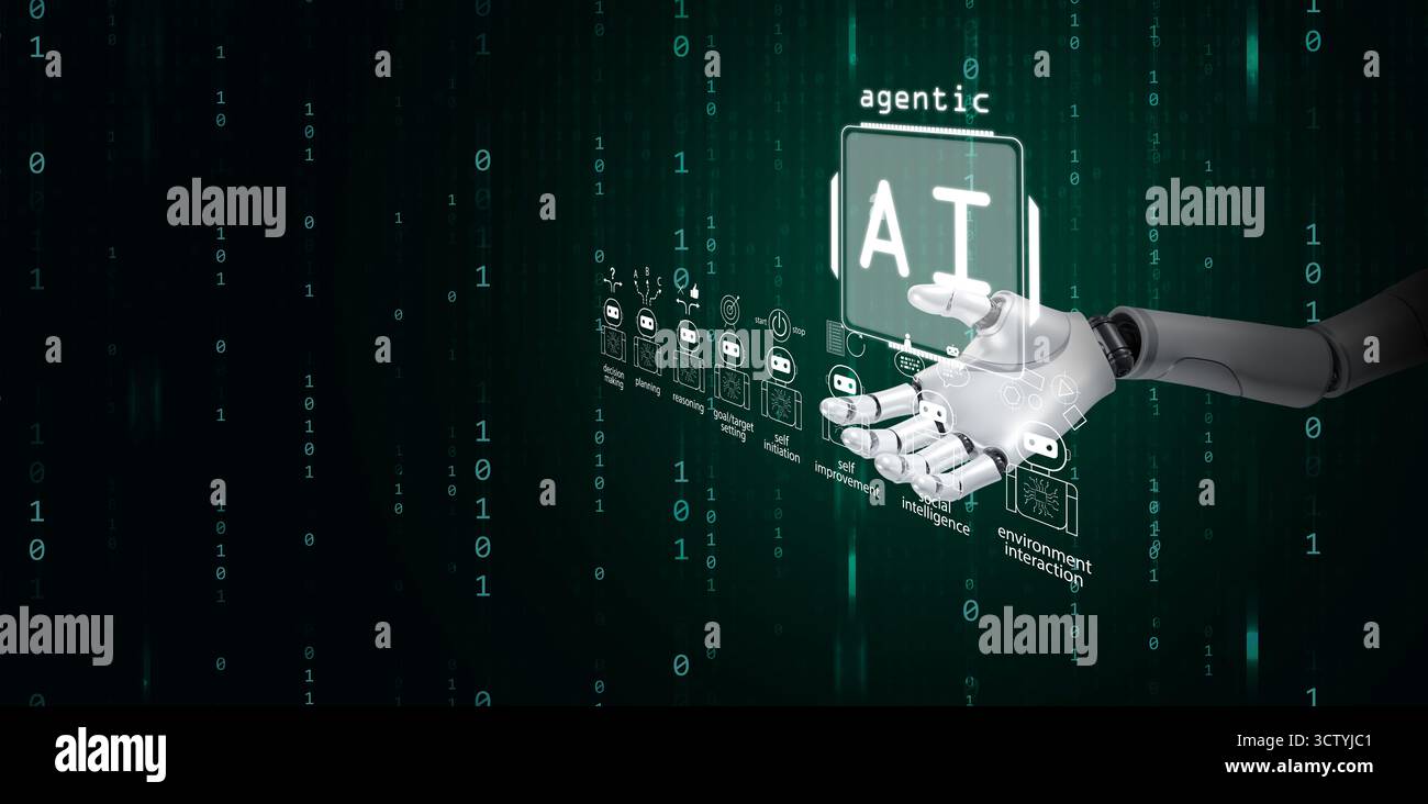 Agentic AI concept. Robotic hand presenting autonomous artificial intelligence capable of self-learning, decision-making, continuous improvement Stock Photo