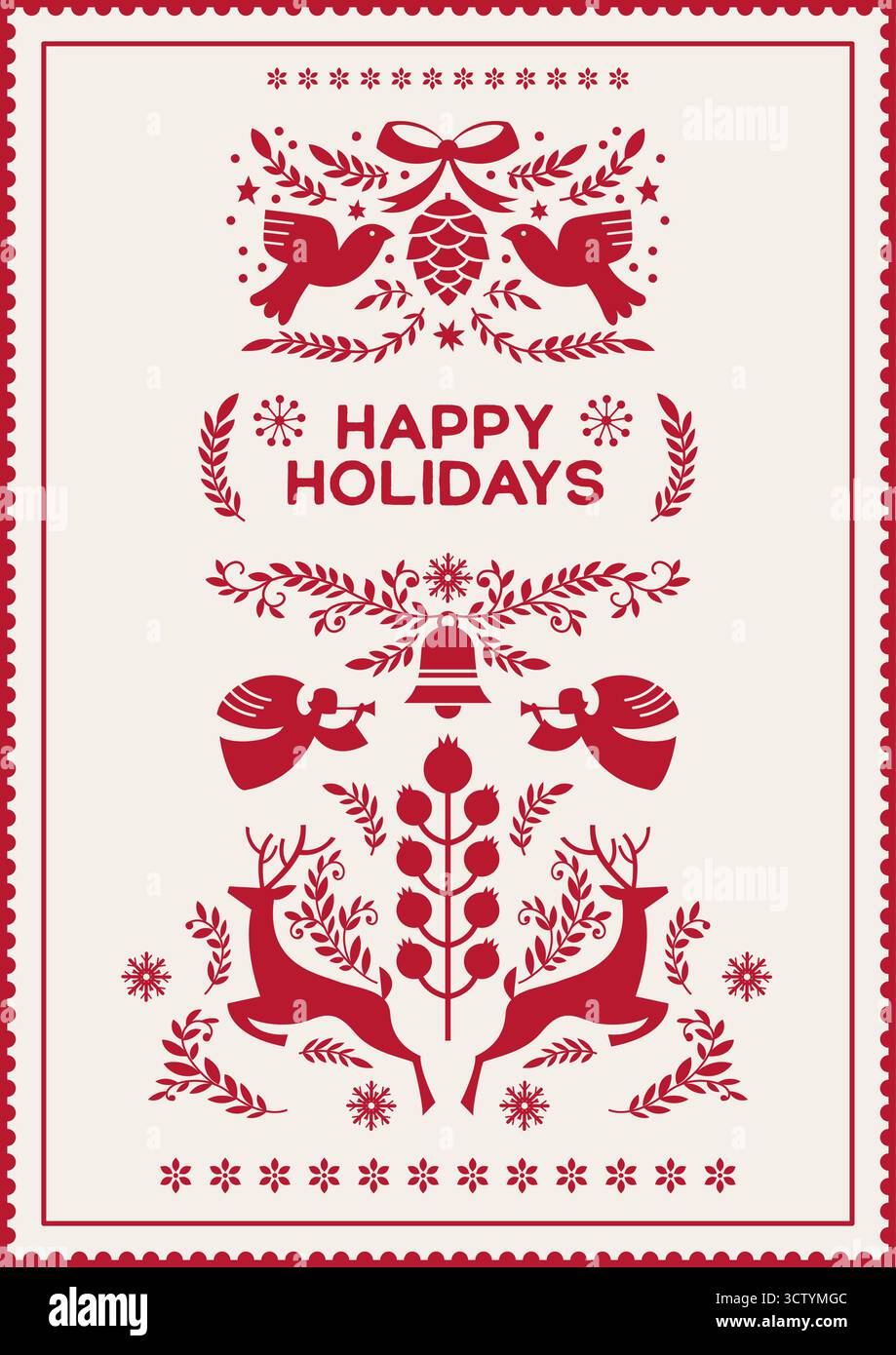 Happy Holidays Folk Angels Composition Stock Vector