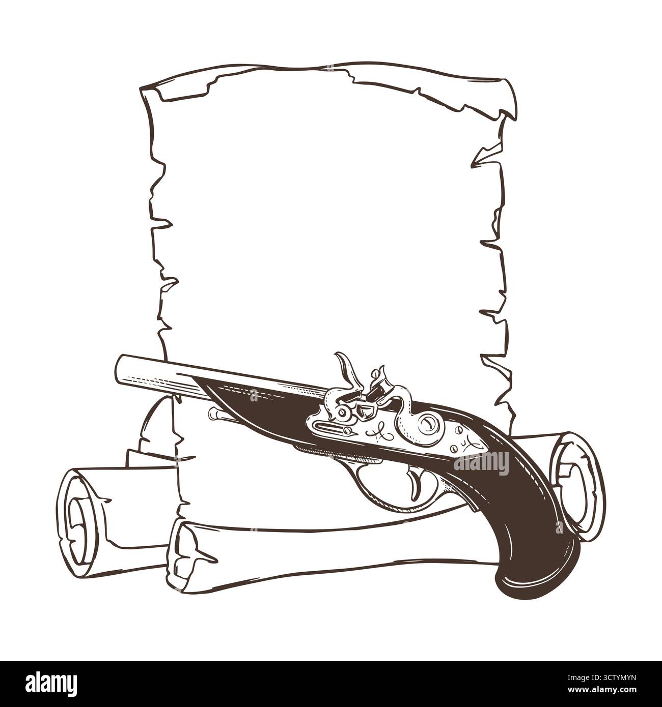 Vector sketch of old paper sheet and rolled scrolls. Antique flintlock ...