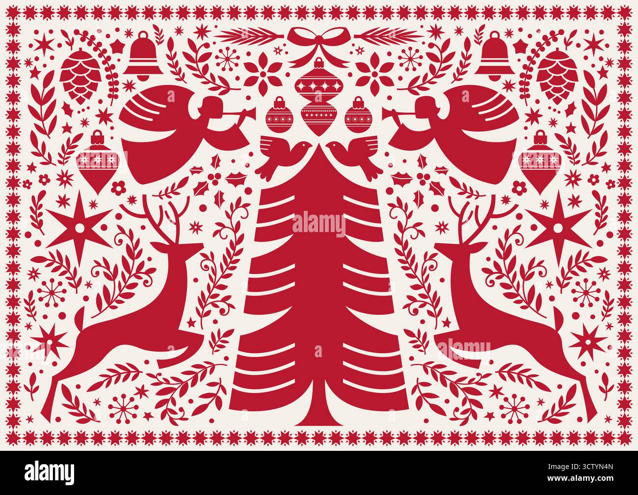 Christmas Tree Angels Folk Illustration Stock Vector