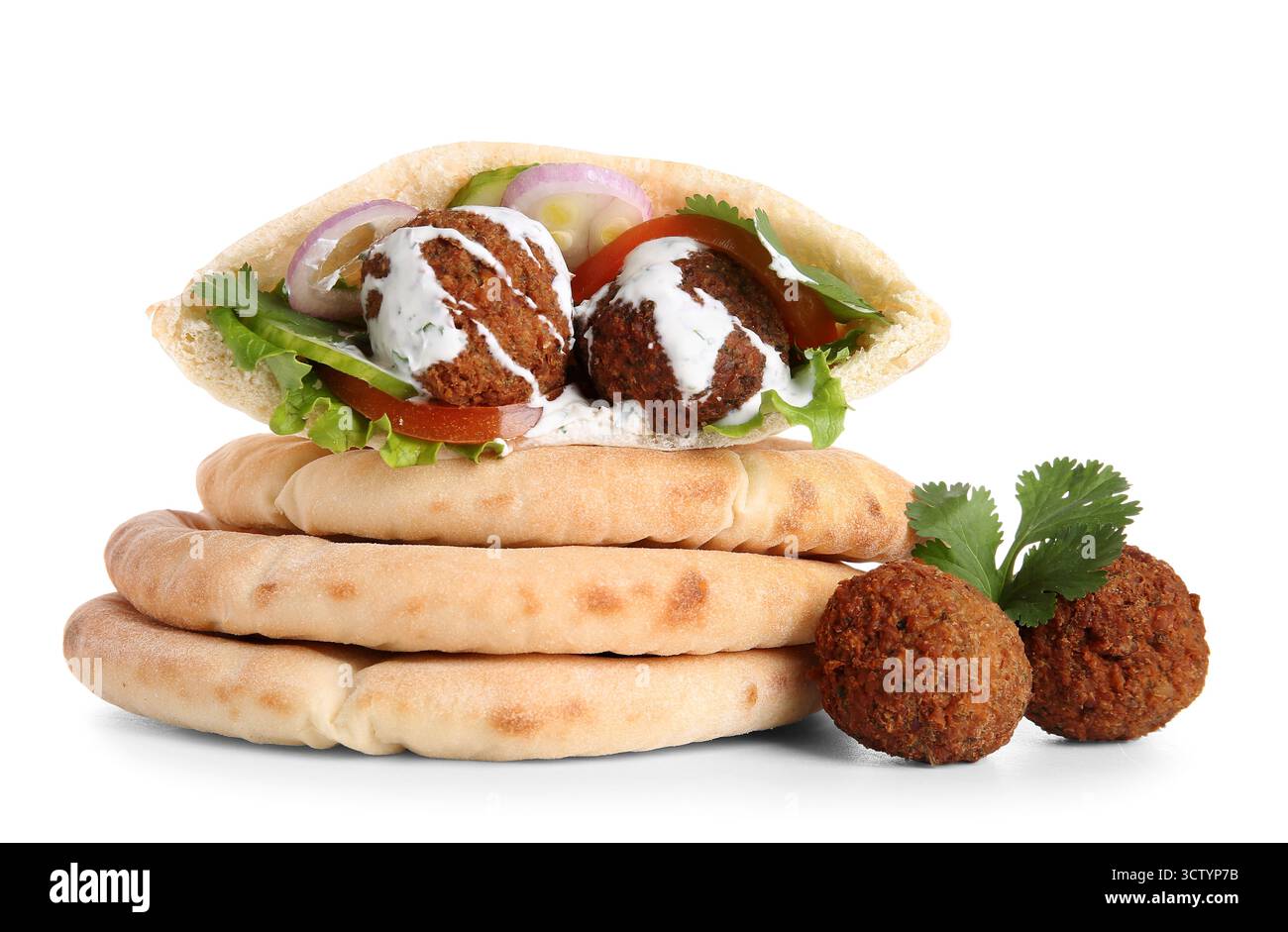 Delicious pitas with falafel on white background Stock Photo