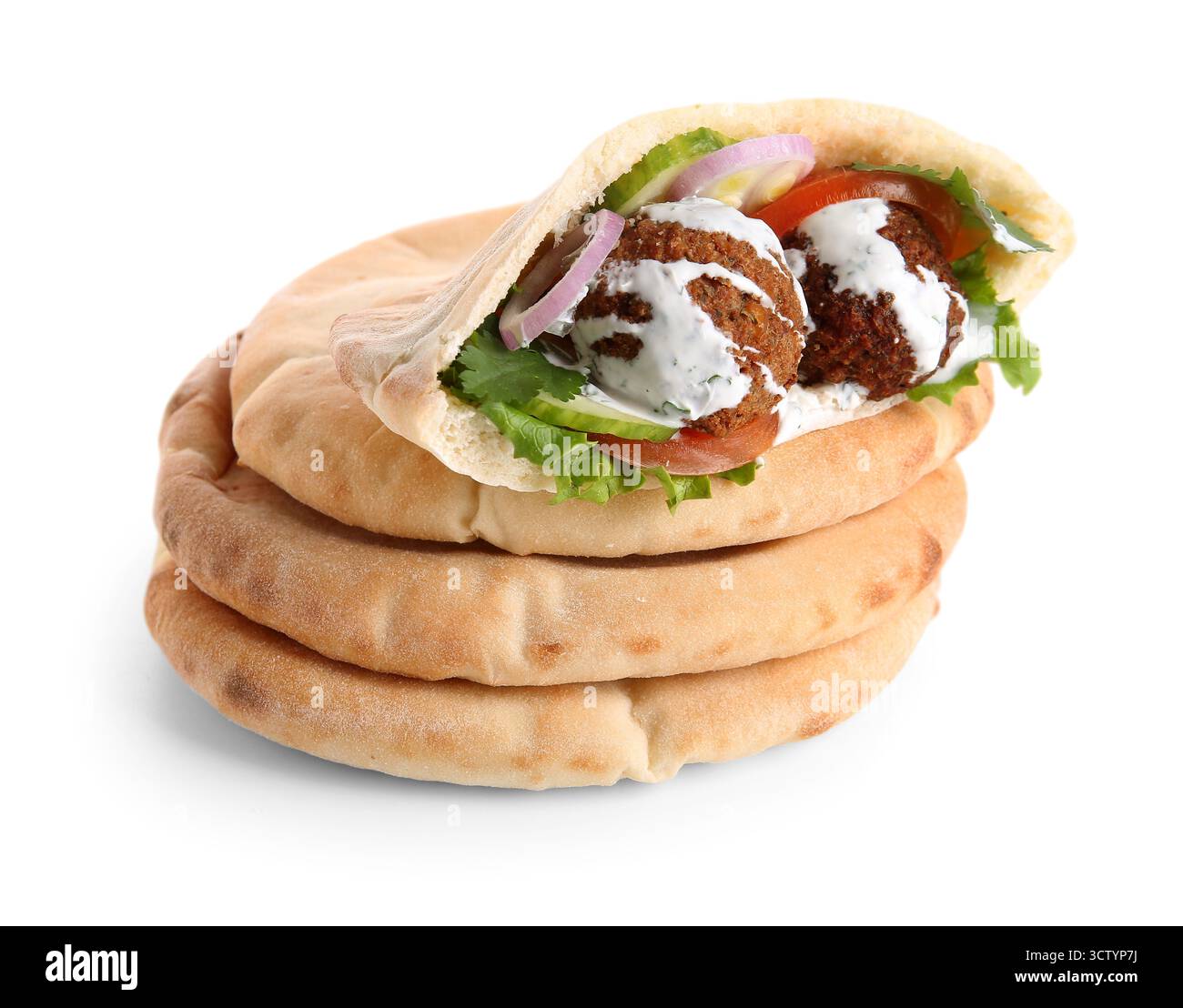 Delicious pitas with falafel on white background Stock Photo