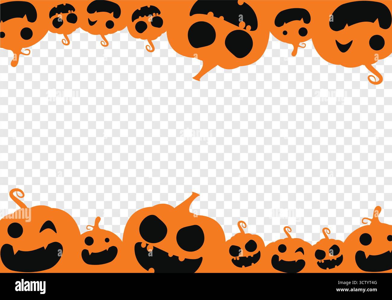 Halloween Pumpkin Frame with Jack o’ Lantern Faces, Transparent Vector Border Design Stock Vector