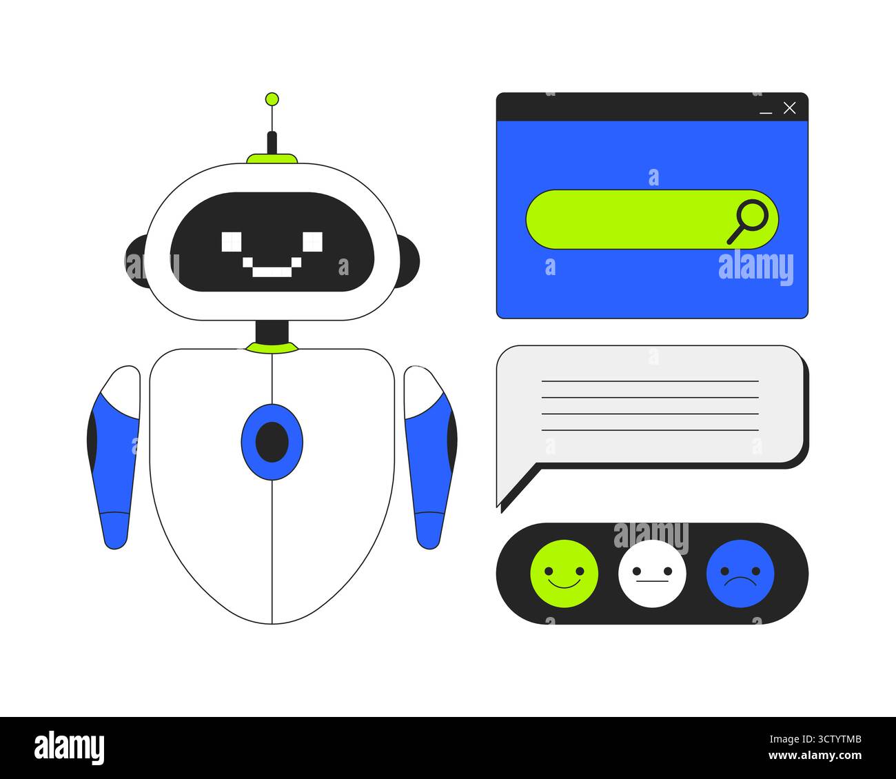 AI chatbot with search bar and feedback interface 2D cartoon objects set Stock Vector