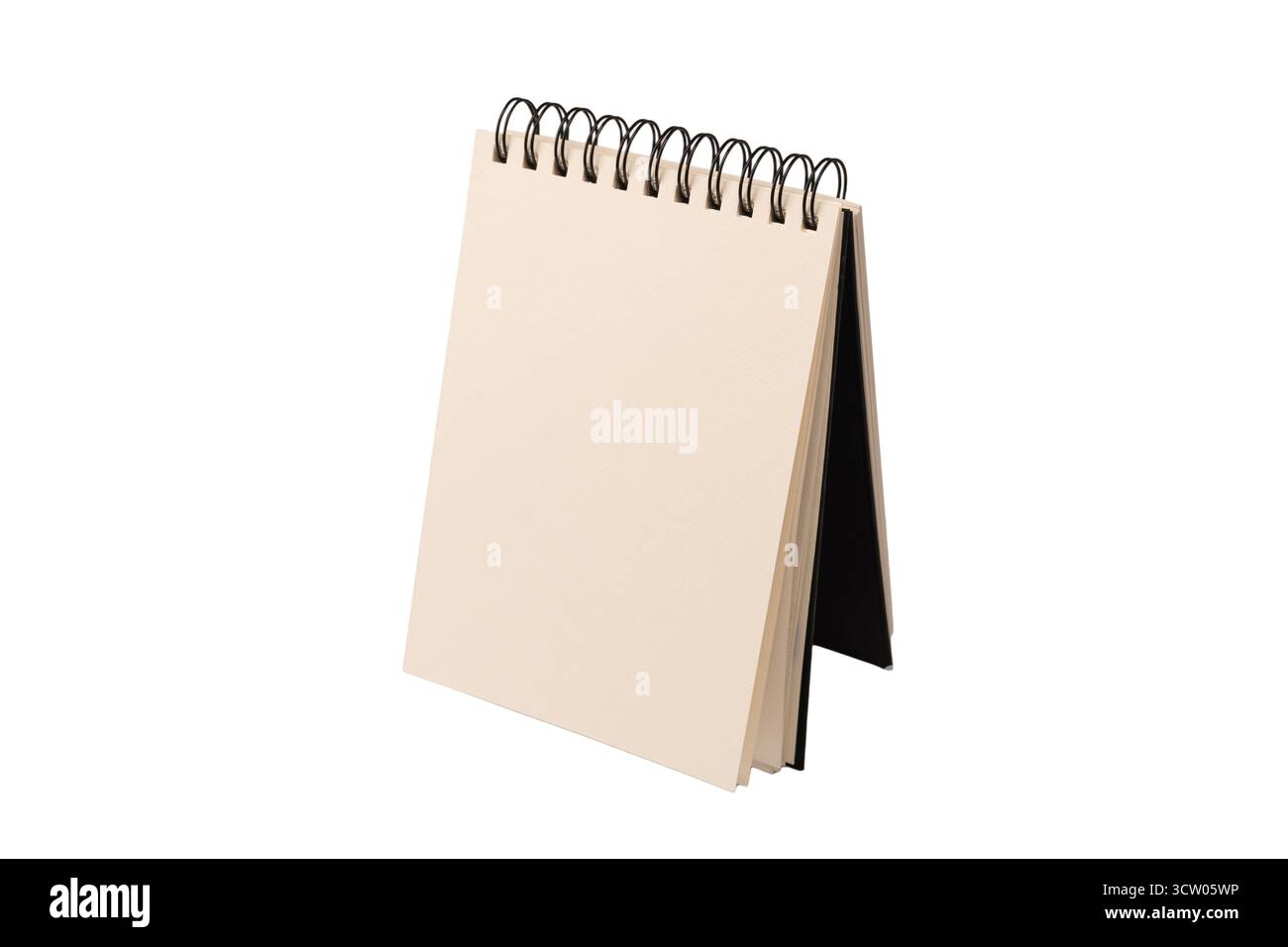 White empty spiral notebook mockup, copy space. Isolated on a white background. Top view. Stock Photo
