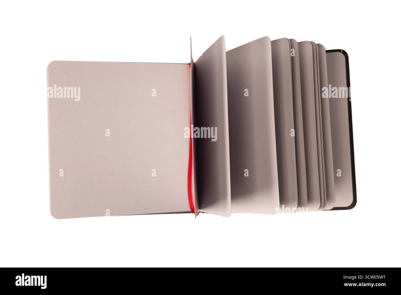 Open notebook with blank pages isolated on a white background. Top view. Stock Photo
