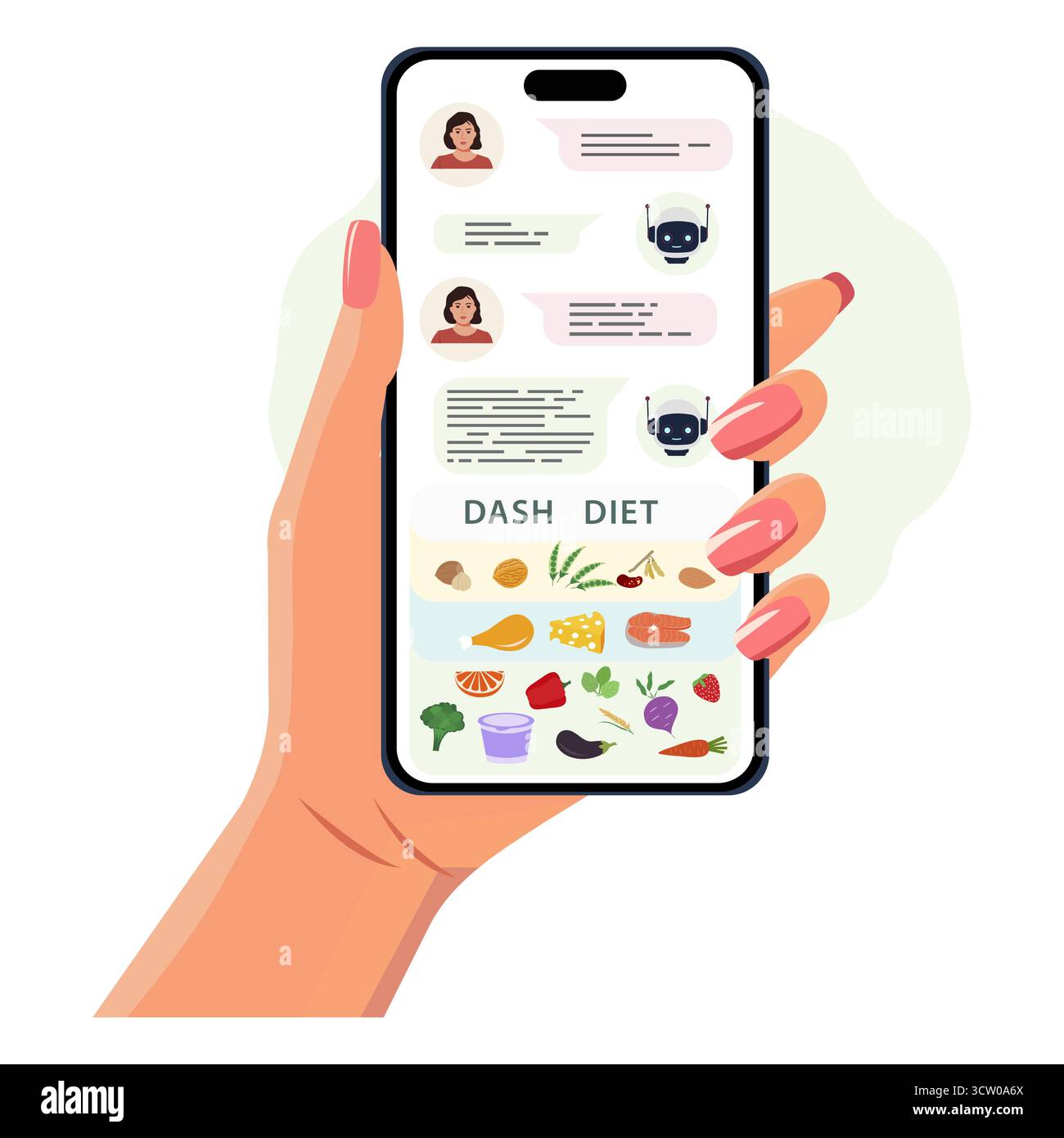 Hand holding smartphone displaying DASH diet information and chatbot conversation vector Stock Vector