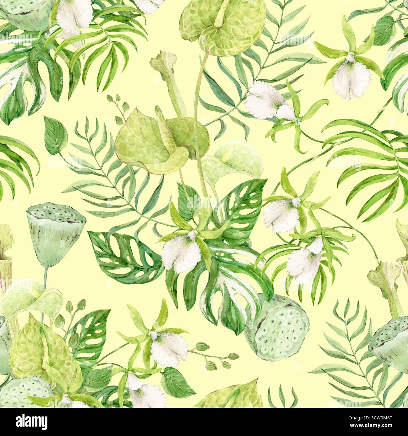 Seamless background of white orchids, green anthurium, sarracenia and monstera leaves. Pattern with exotic plants of tropical forests and jungles on a green background. Watercolor illustration. Stock Photo