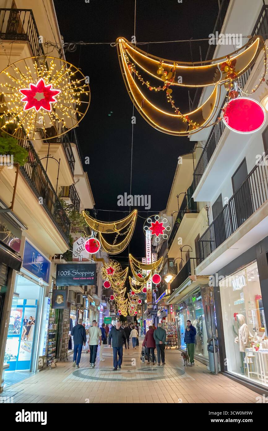 TORREMOLINOS, SPAIN - DECEMBER 7, 2024: Christmas lights and decorations in Torremolinos, Spain on December 7, 2024 - Smartphone Captured Stock Image