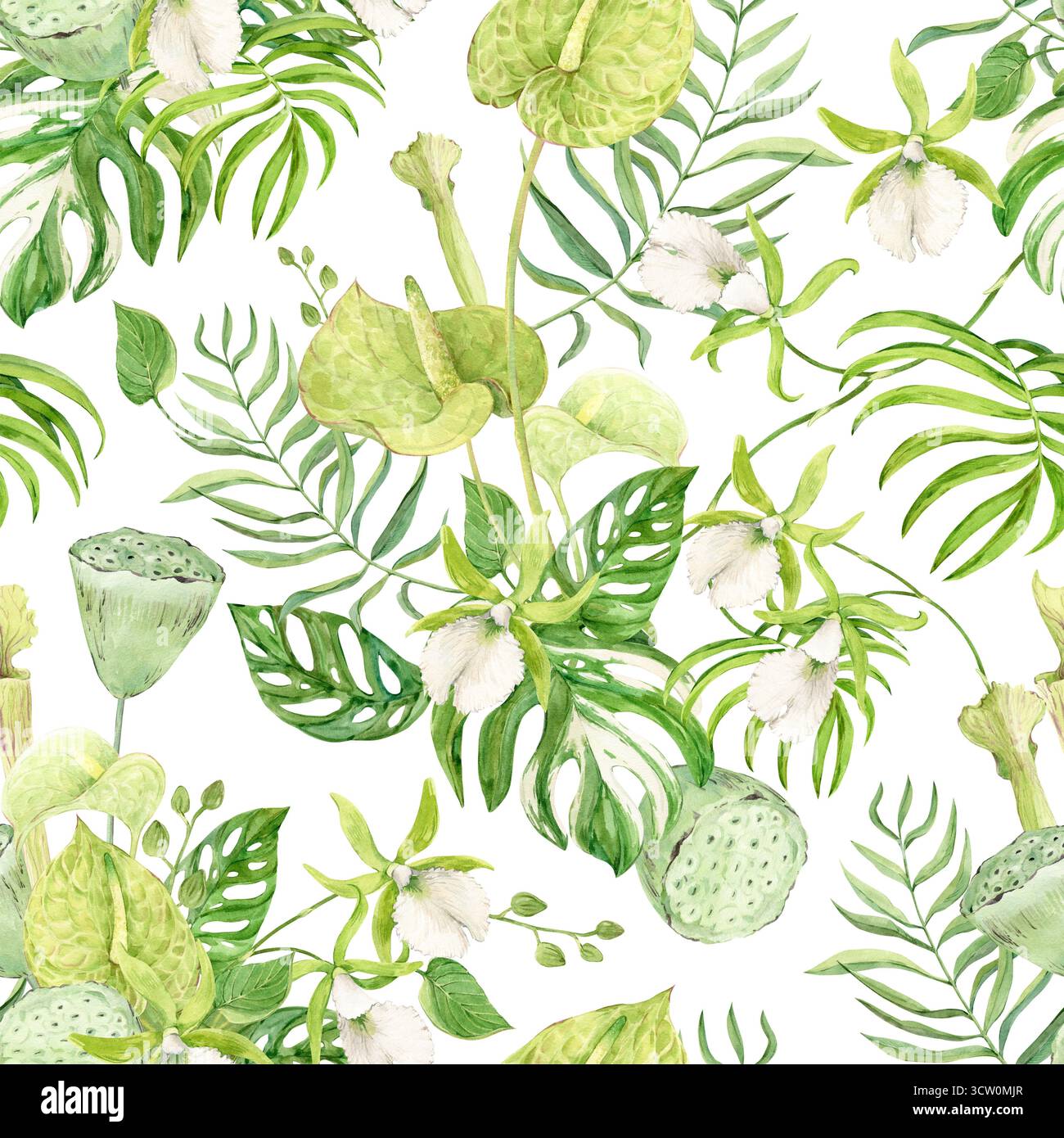 Seamless background of white orchids, green anthurium, sarracenia and monstera leaves. Pattern from Exotic plants of tropical forests and jungles. Watercolor illustration in jungle style. Stock Photo