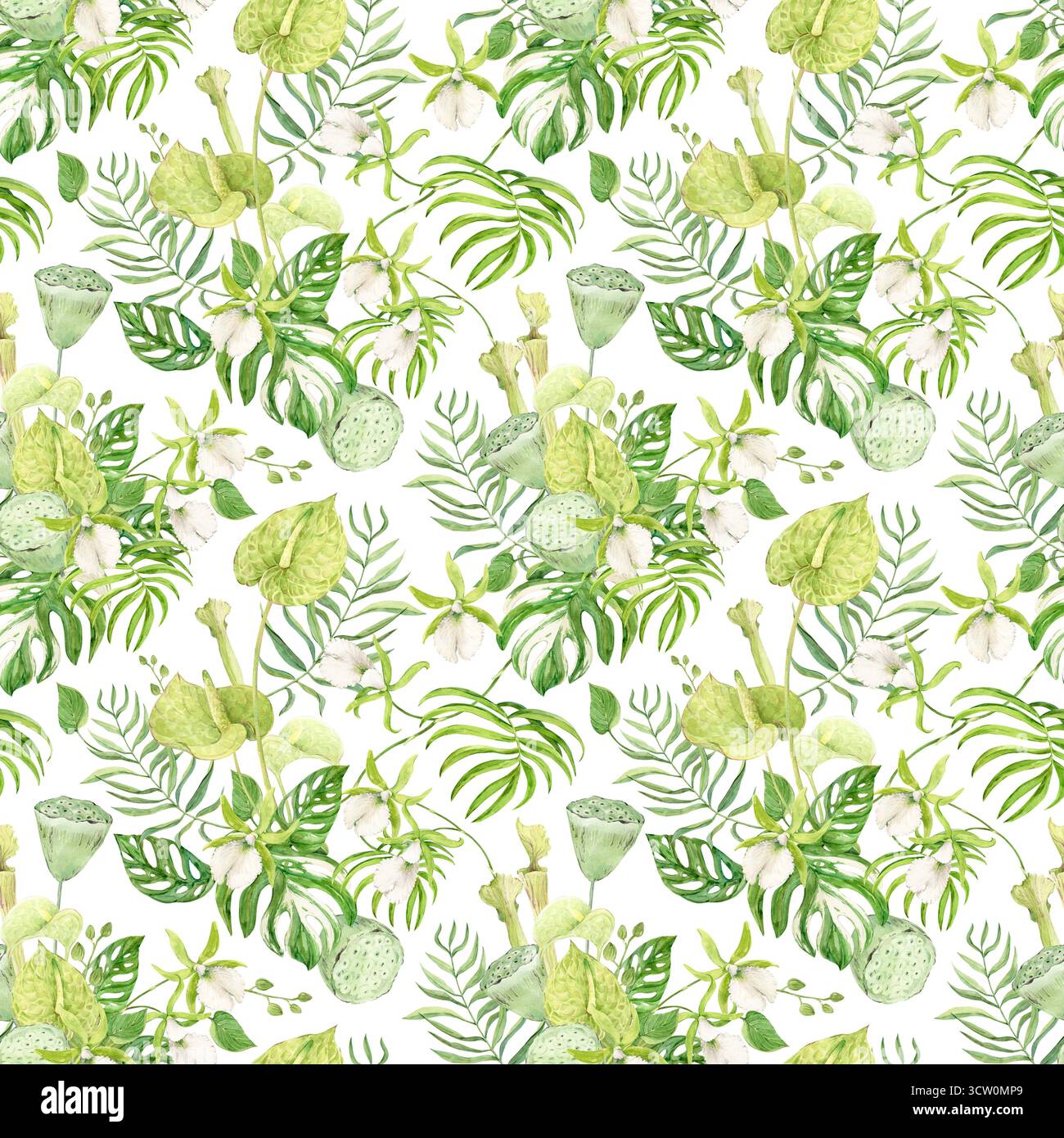 Seamless background of white orchids, green anthurium, sarracenia and monstera leaves. Pattern of exotic plants of tropical forests and jungles. Watercolor illustration in jungle style for textiles. Stock Photo